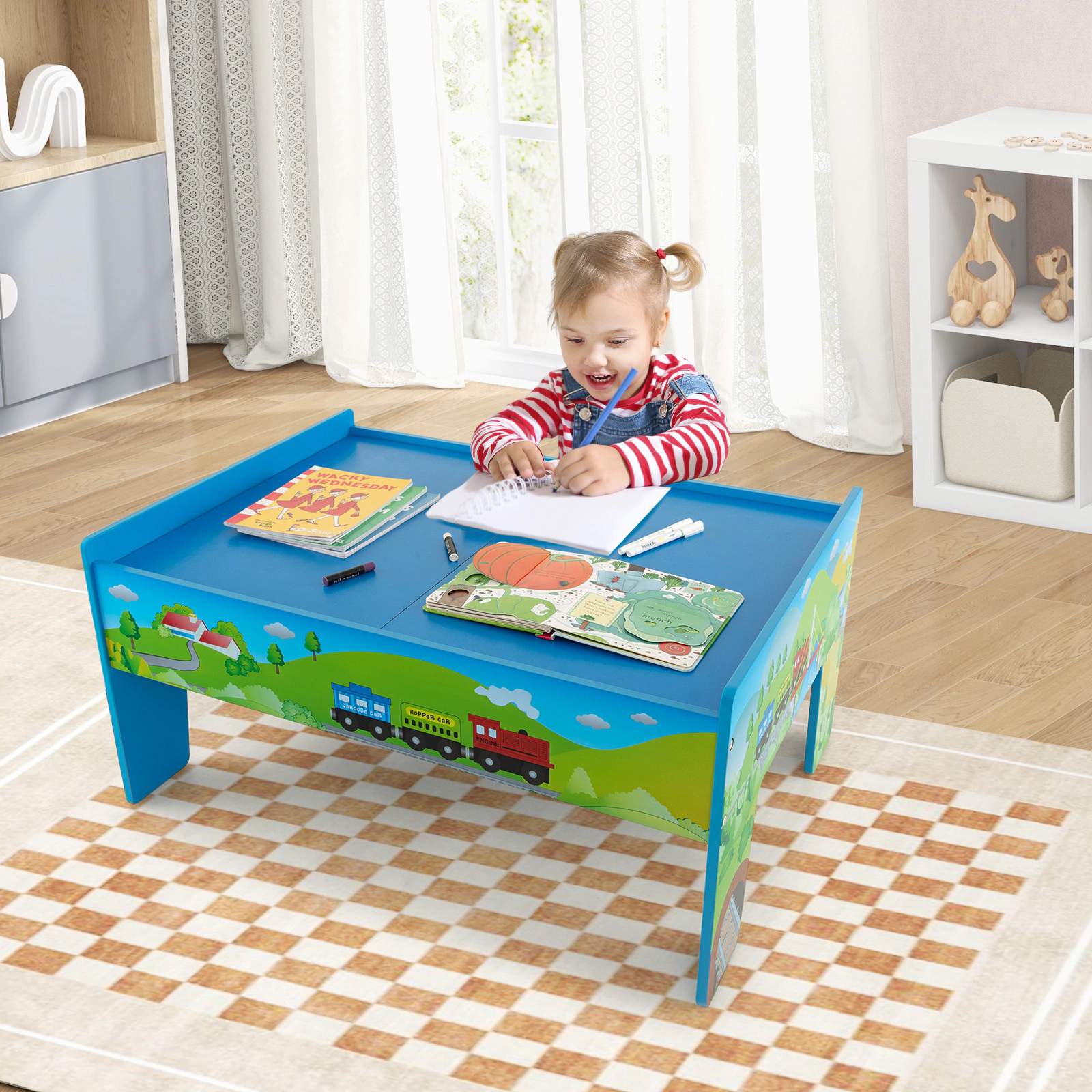 SUGIFT 80-Piece Wooden Train Set and Table 16-in Tall Ages 18M+ Multi-color