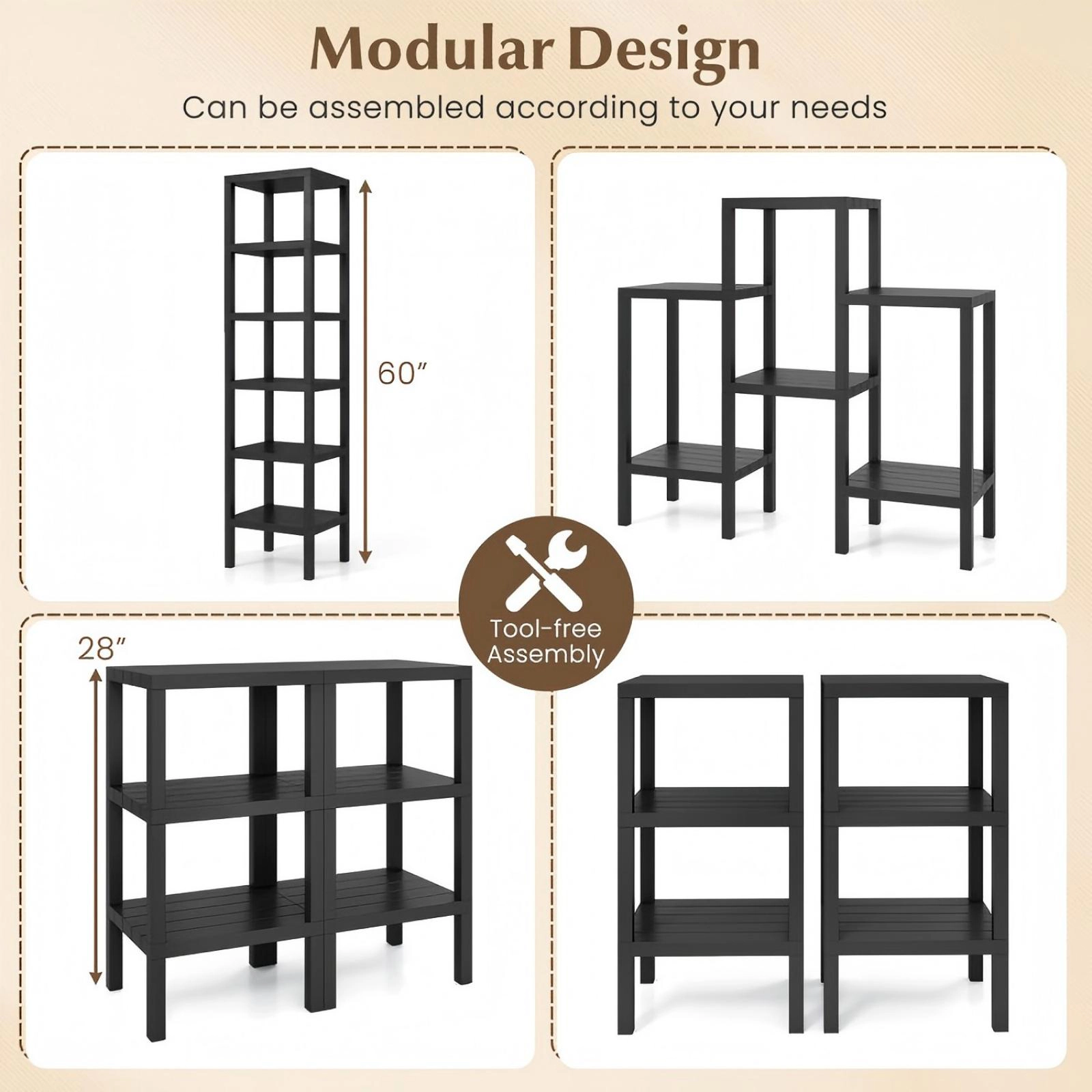 SUGIFT Black 6-Tier Modular Plastic Cube Storage Organizer Shelf for Closet Kitchen and Bathroom