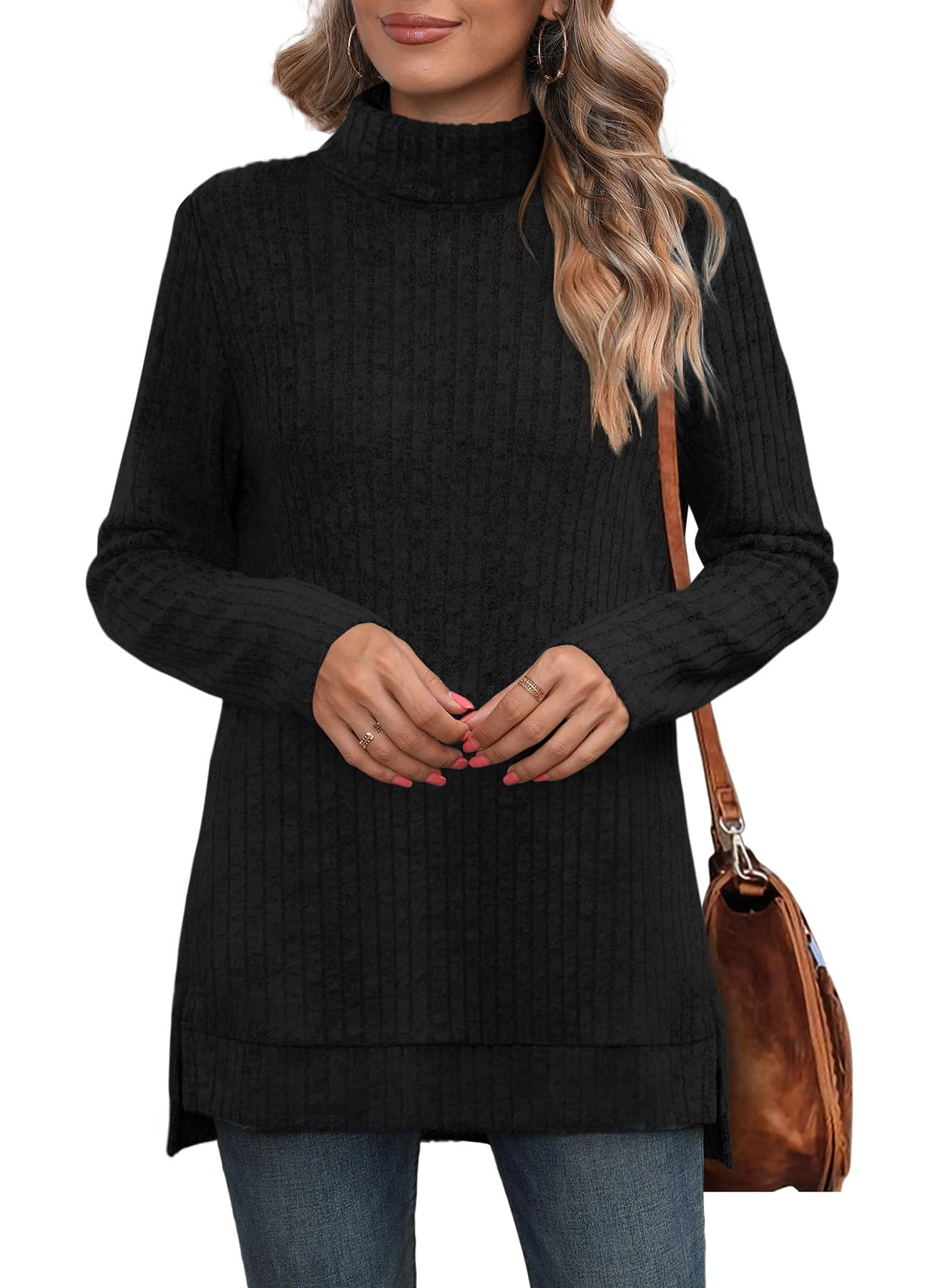 Enchanted Funland Womens Turtleneck Ribbed Knit Long Sleeve Side Slit Sweater Tops