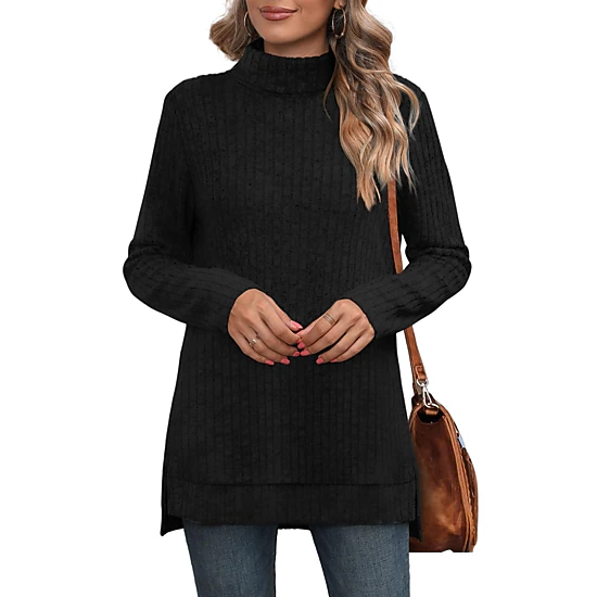 Enchanted Funland Womens Turtleneck Ribbed Knit Long Sleeve Side Slit Sweater Tops