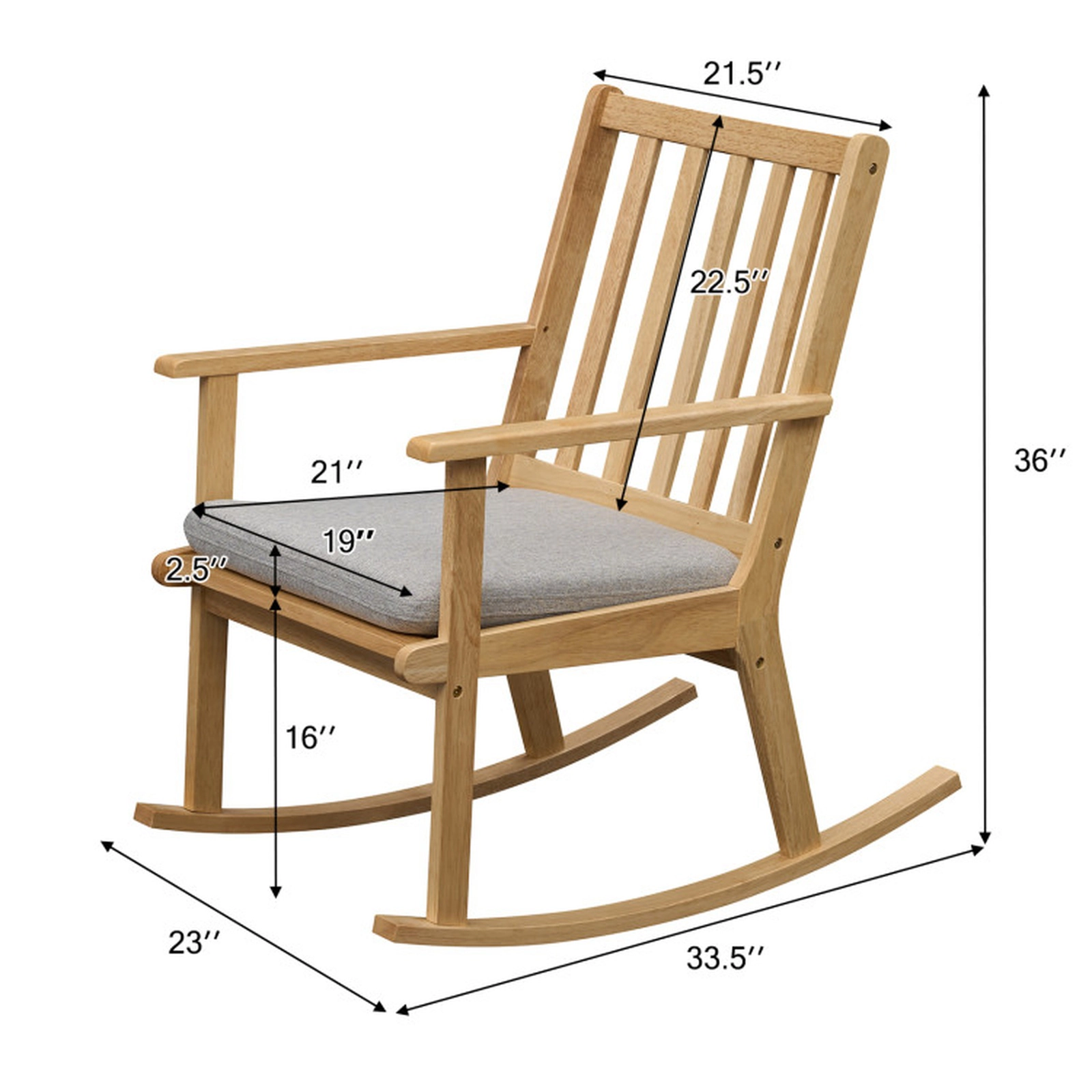 SUGIFT Solid Rubber Wood Rocking Chair with Padded Cushion 352-lb Capacity 33.5-in Frame Natural + Gray