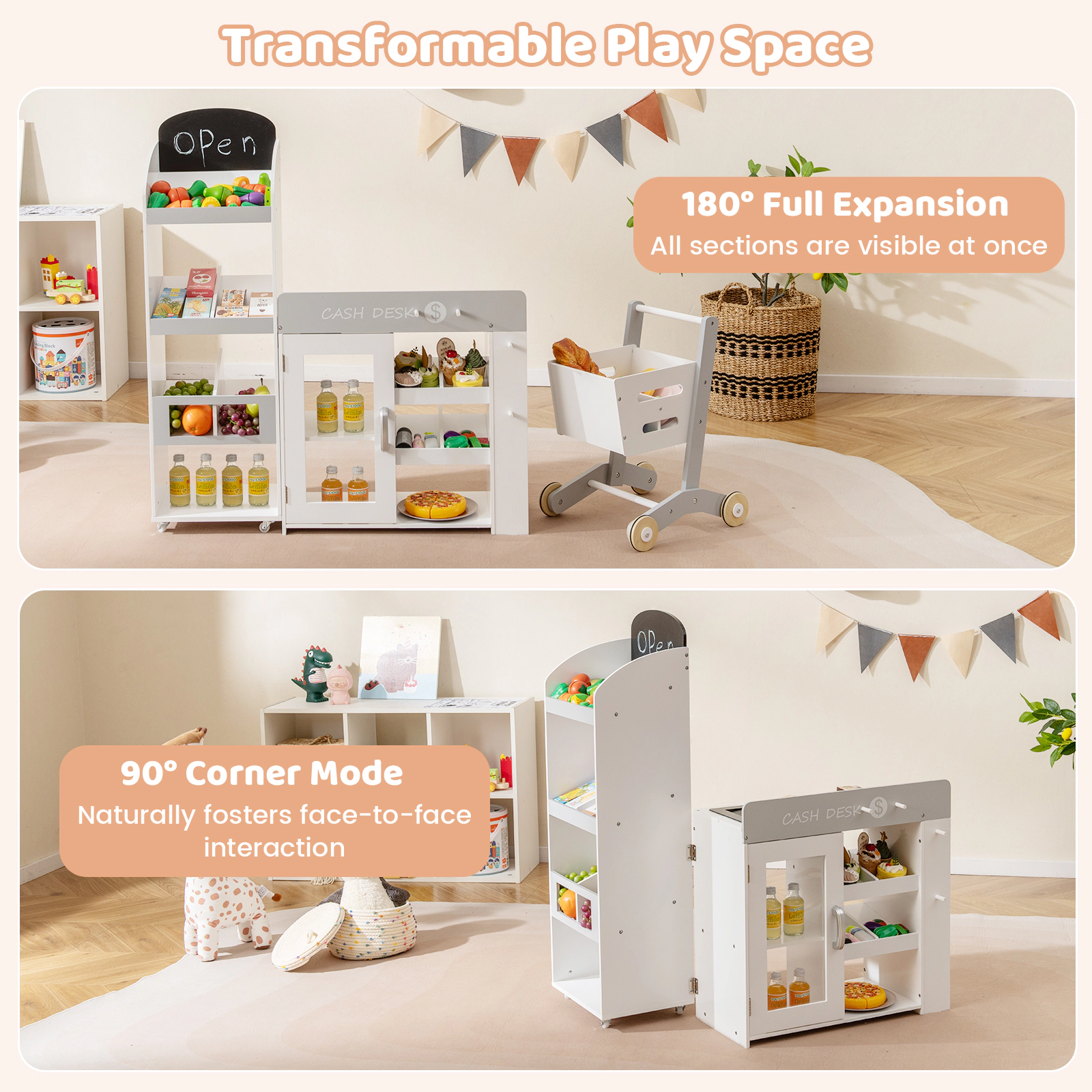 LJG Kids Grocery Store Playset Convertible Wooden Play Store with Shopping Cart