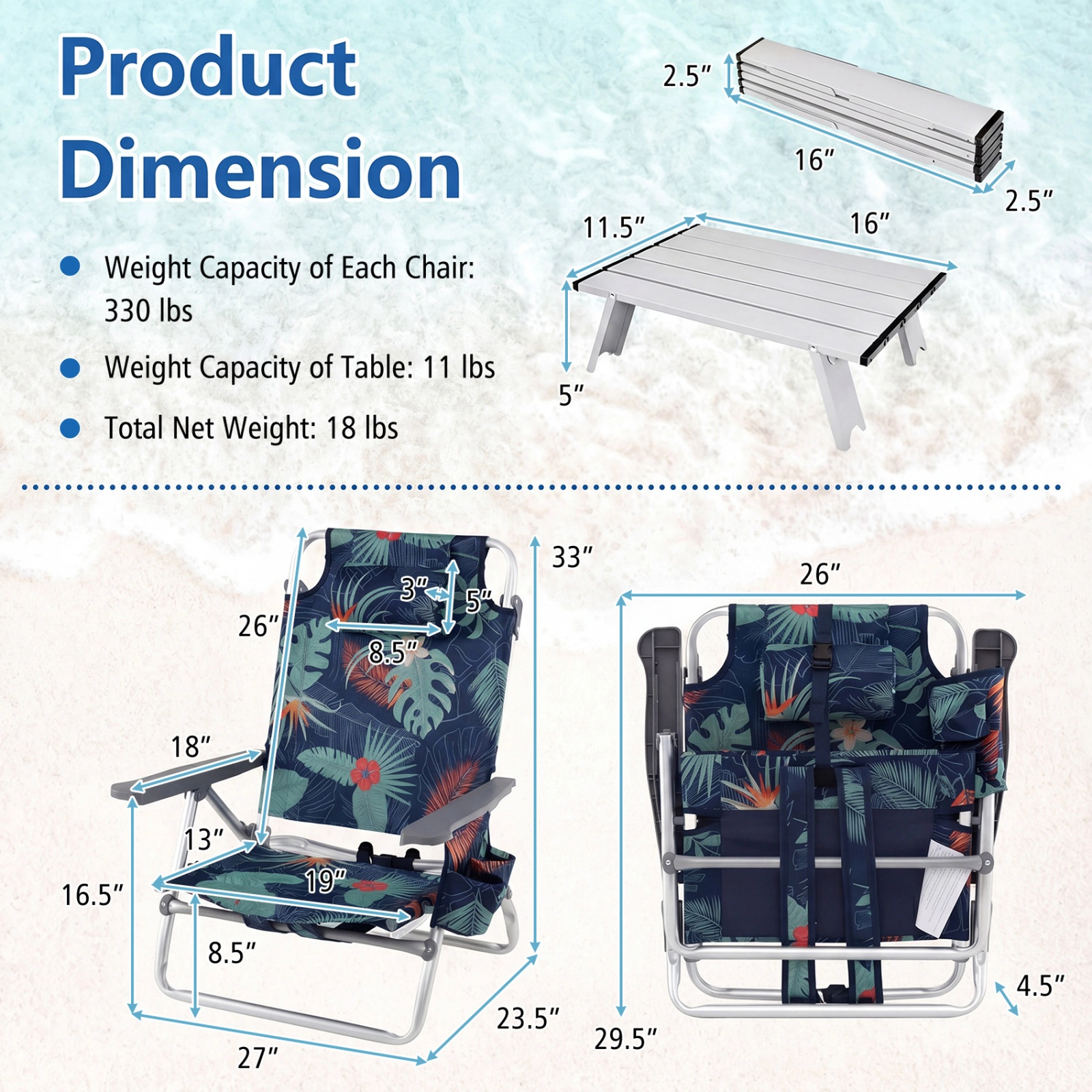 SUGIFT Set of 2 Folding Backpack Beach Chairs with Side Table and 5 Position Backrest
