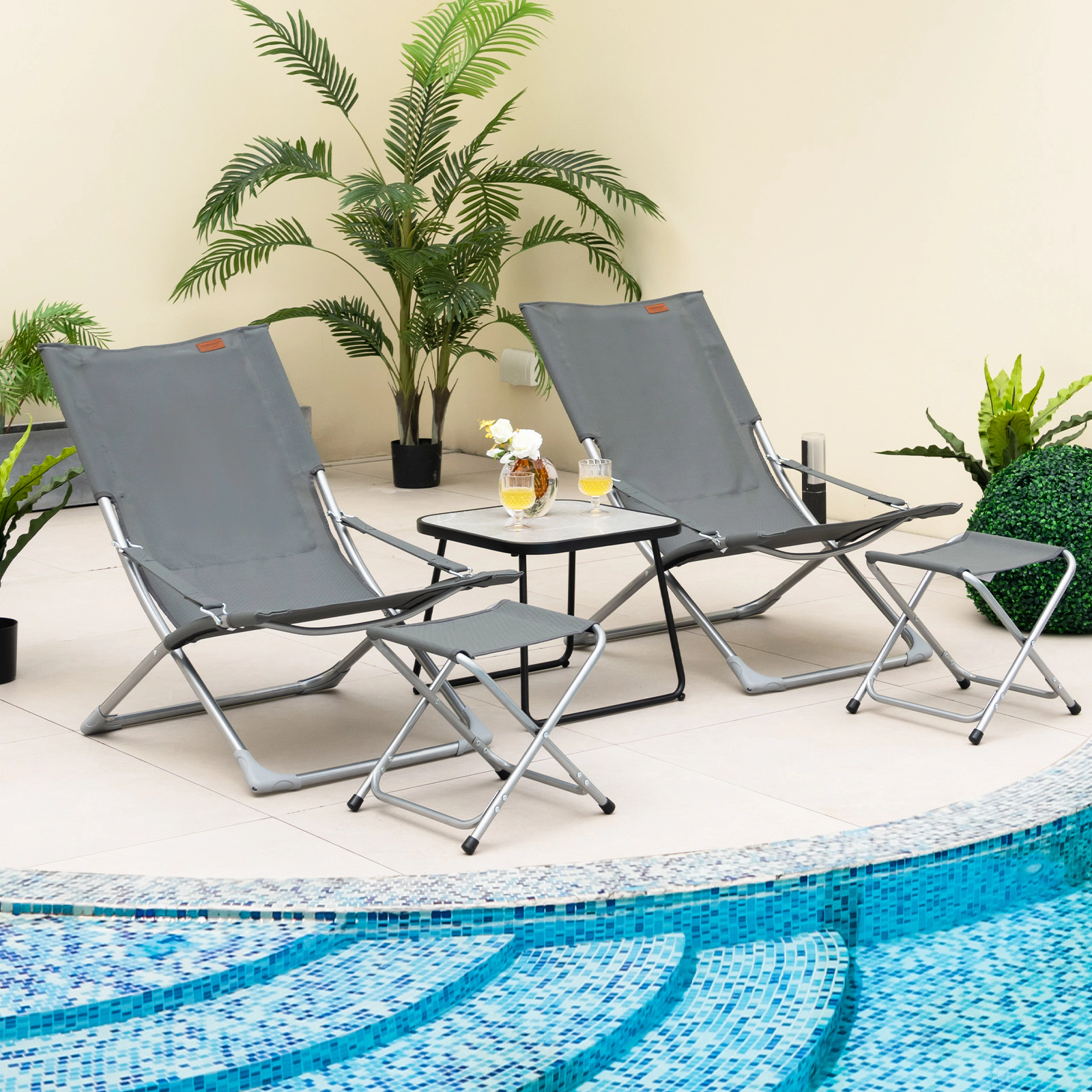 Hivvago 5-Piece Patio Sling Chair Set Folding Lounge Chairs with Footrests and Coffee Table