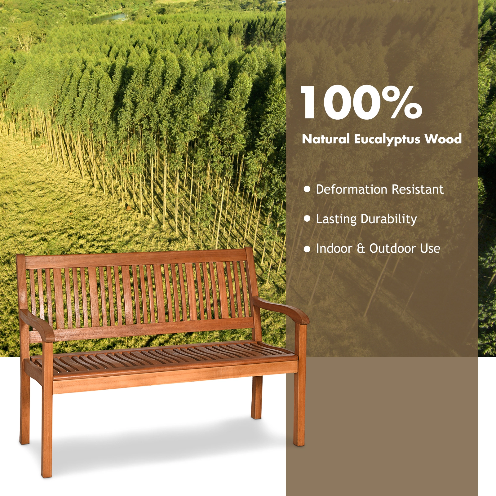 SUGIFT Curved Backrest and Wide Armrests 50 Inch Solid Eucalyptus Wood Garden Bench
