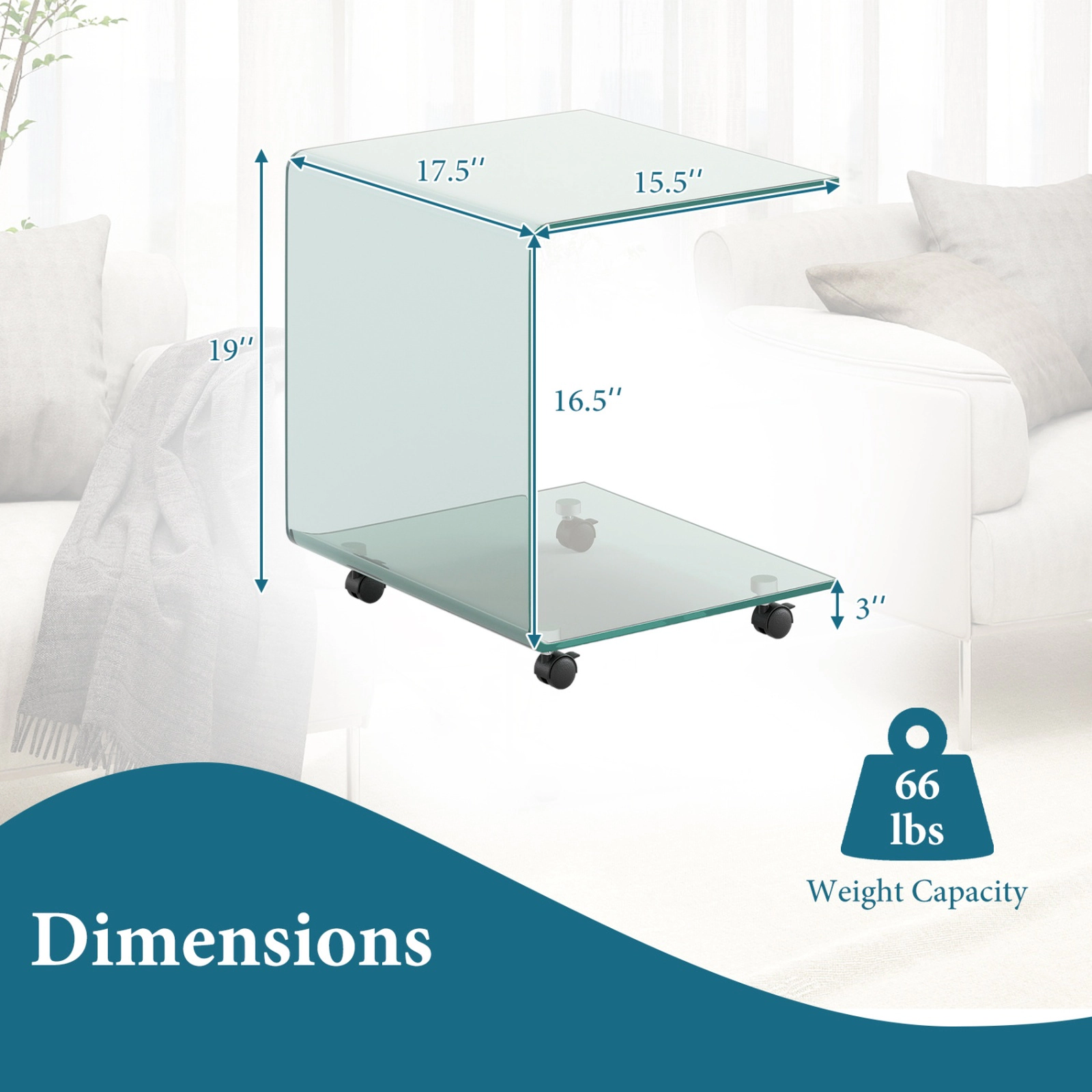 SUGIFT 2-Tier Clear Tempered Glass Rolling Side Table with Locking Casters