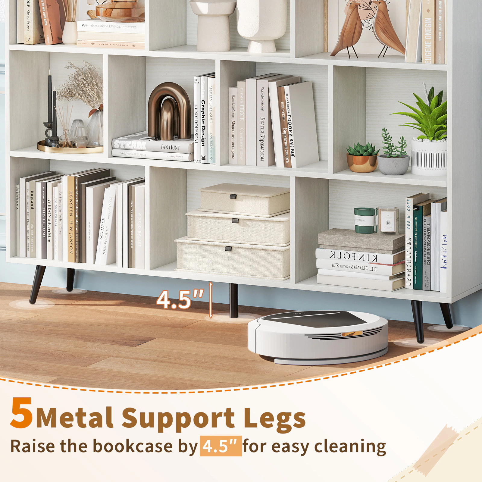 SUGIFT 10-Cube Bookcase with 5 Tapered Metal Legs 130-lb Top Capacity 25-lb Cube Capacity Off White + Black