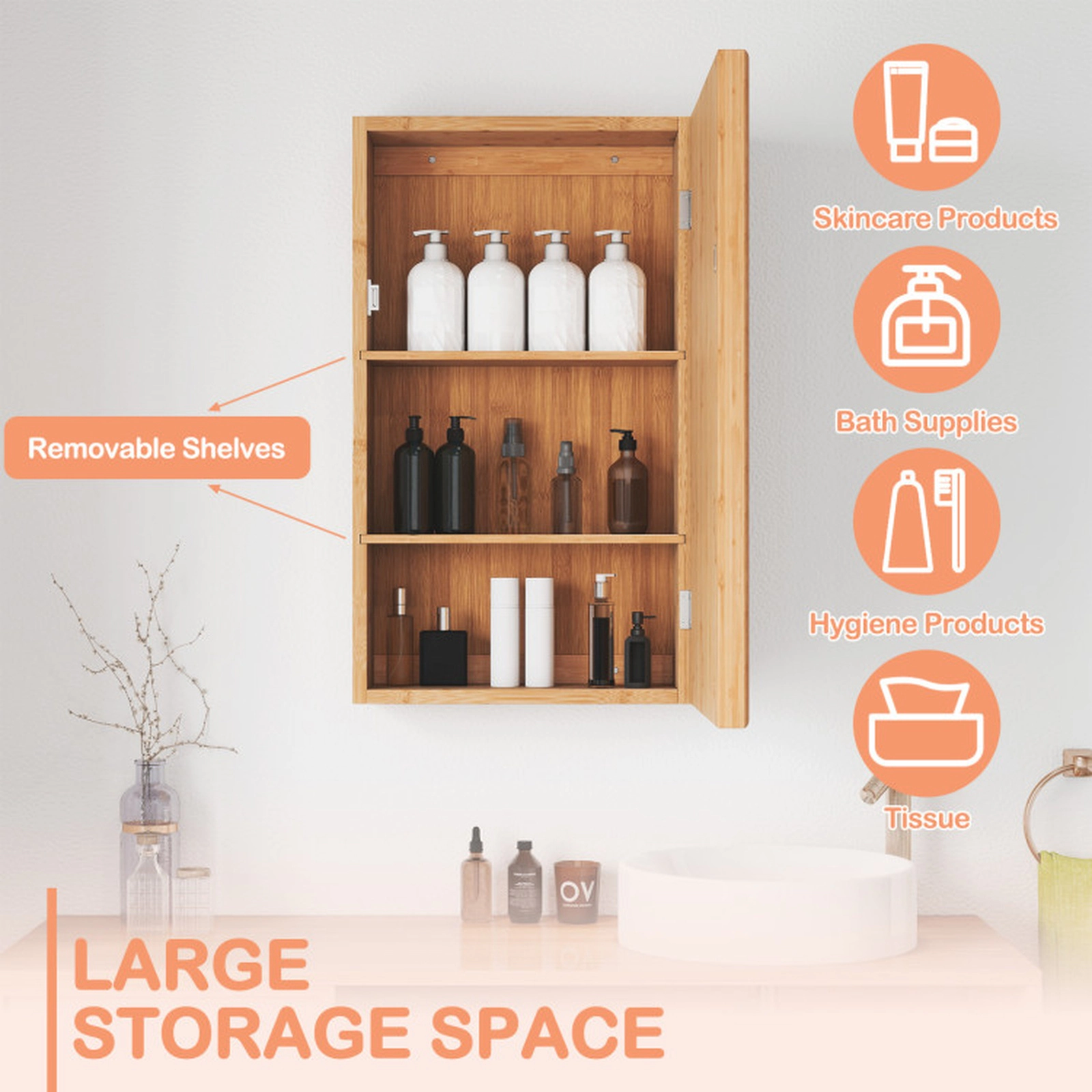 SUGIFT Natural Bamboo 66-lb Capacity 3-Tier Medicine Cabinet with Acrylic Mirror Door and Removable Shelves