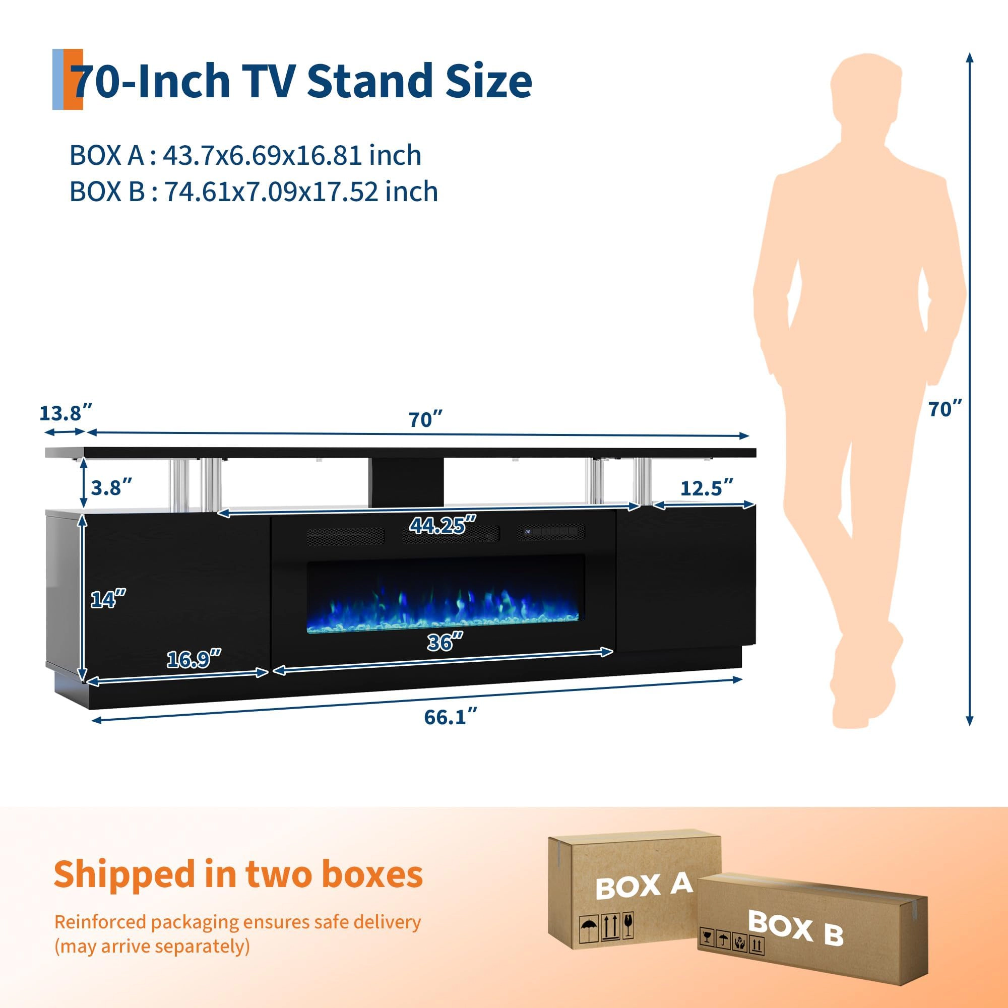 BebreezChic 70" Fireplace TV Stand with 36" Electric Fireplace, Entertainment Center with 12 Colors LED Lights