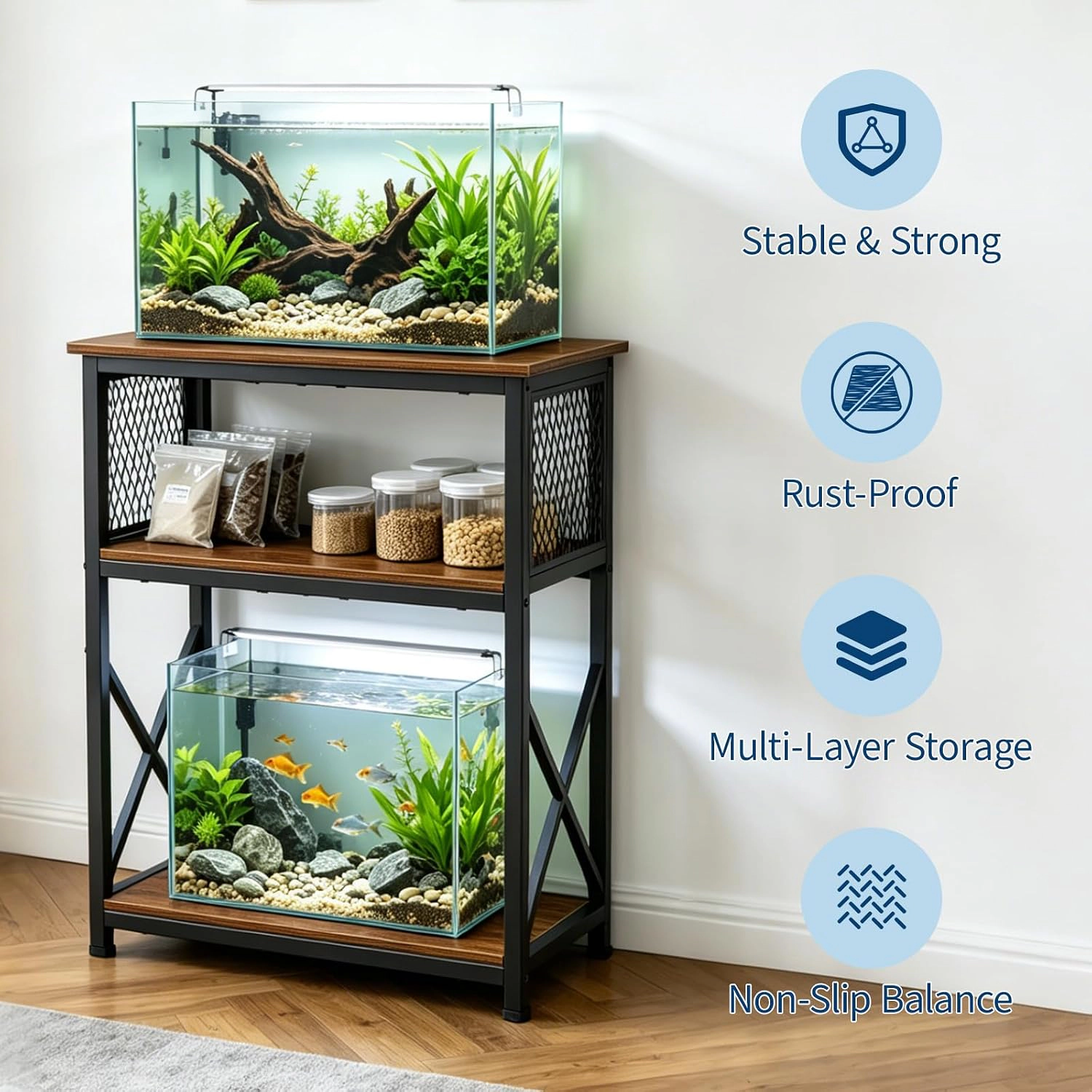 10 Gallon Aquarium Stand, 3-Tier Metal Wood Fish Tank Holder with Storage Shelves
