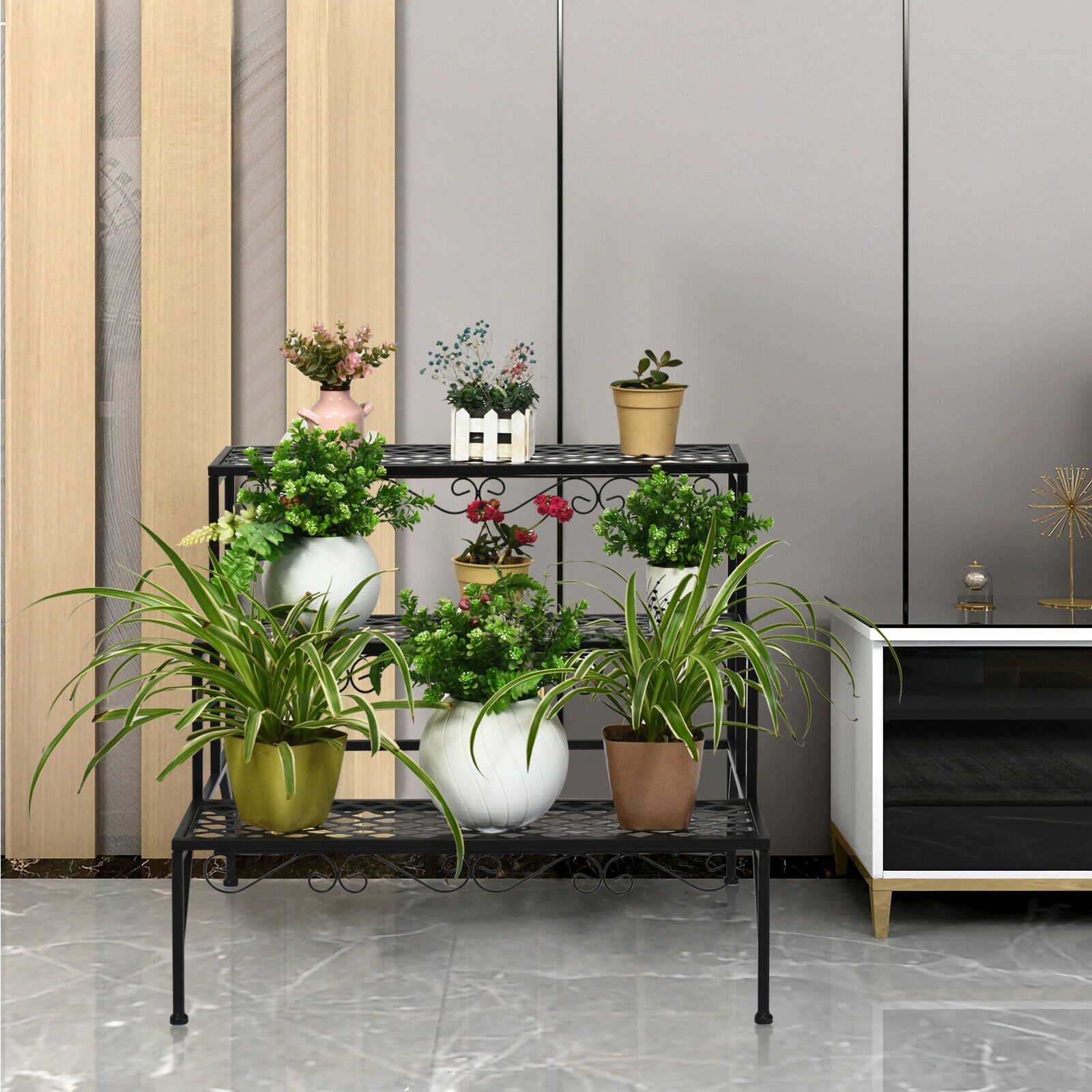 SlickBlue Metal 3 Tier Plant Stand Storage Rack Black Steel Organizer for Indoor Outdoor Spaces