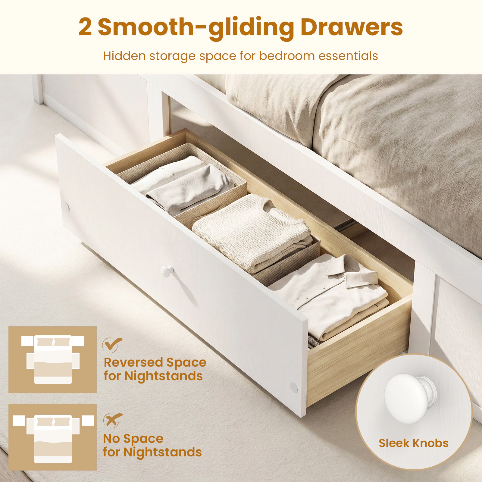 SUGIFT Full Size 400-lb Bed Capacity Rattan Wood Bed Frame with 2 Storage Drawers 79-in L 57-in W 41.5-in H White