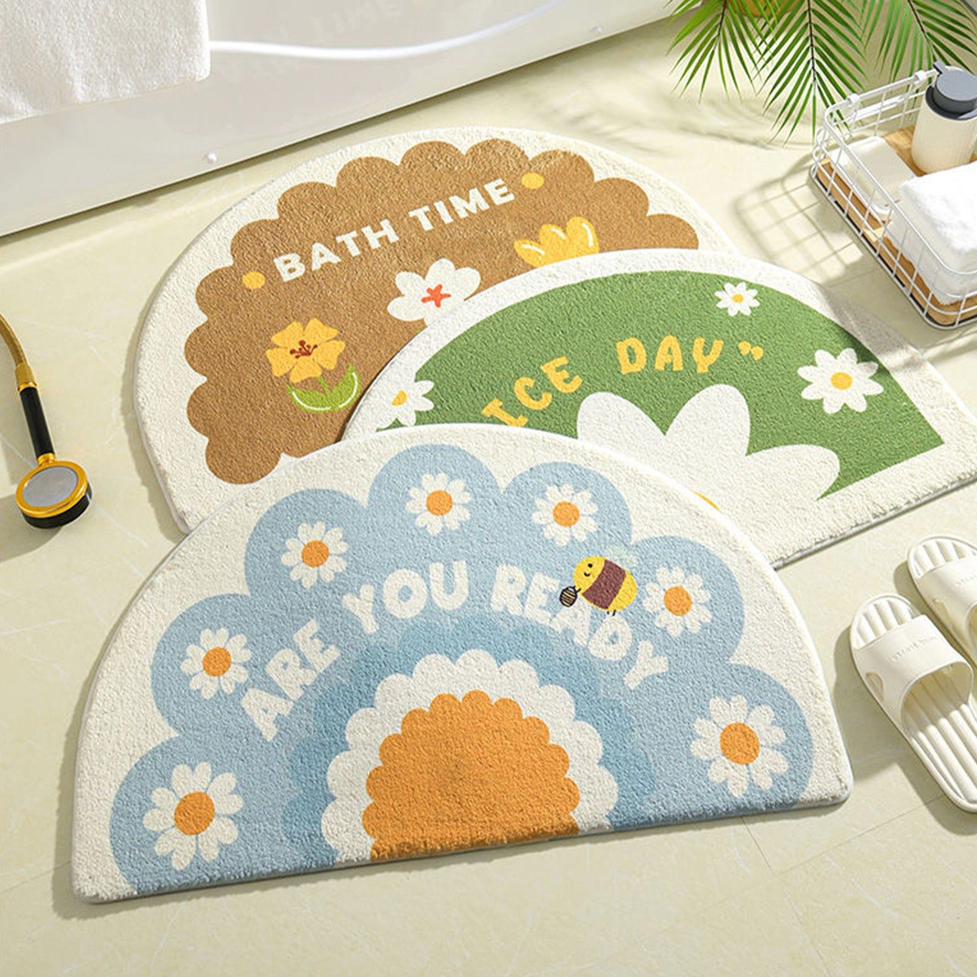 Alilang Unisex Plush Absorbent Half Moon Bathroom Floor Mat with Daisy Graphic and Text Detail Soft Bath Rug for Tub