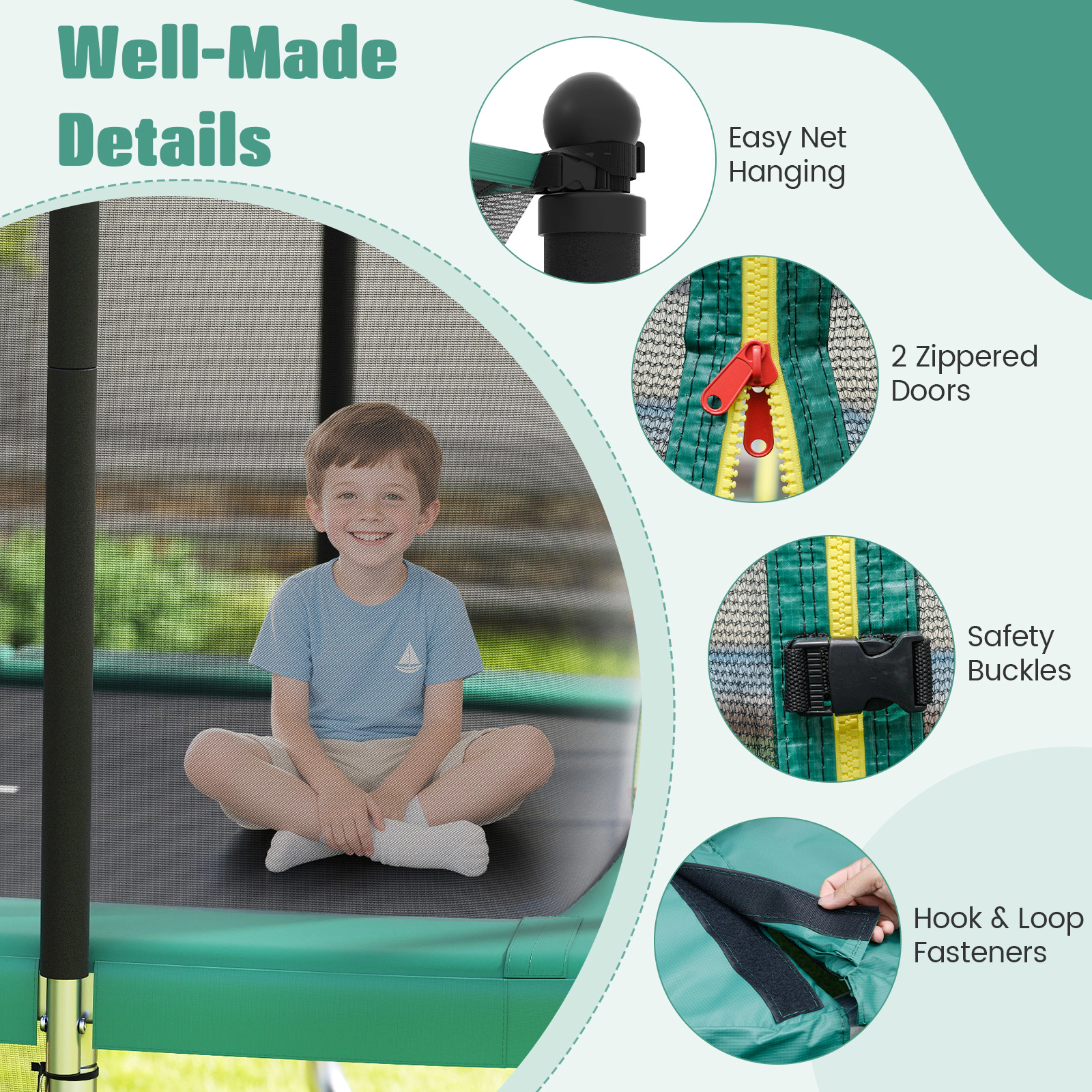 SUGIFT Green Basketball Hoop and Soccer Goal 10 x 8 FT Rectangle Outdoor Kids Trampoline