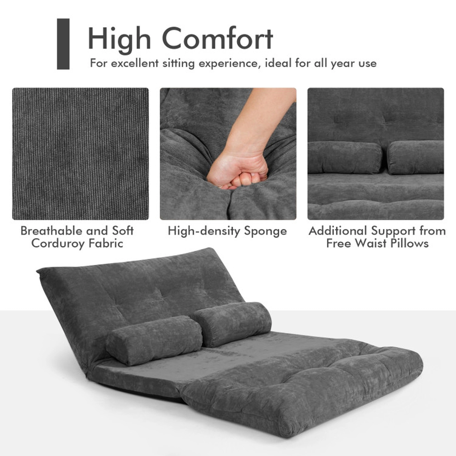 SUGIFT 6-Position 2 Pillows Corduroy Convertible Sleeper Floor Sofa Bed 71-in x 42.5-in x 7-in 330-lb Capacity Gray