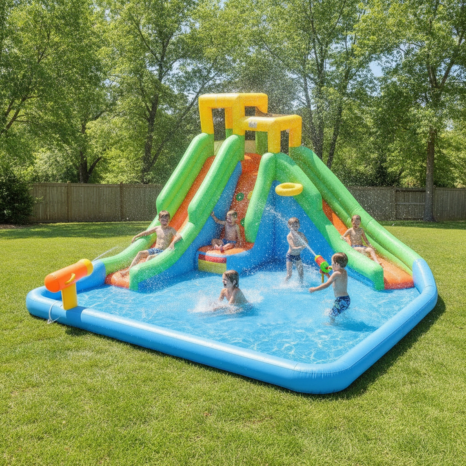Inflatable Water Slide for Kids Backyard with Double Slides Splash Pool Water Cannon Climbing Wall