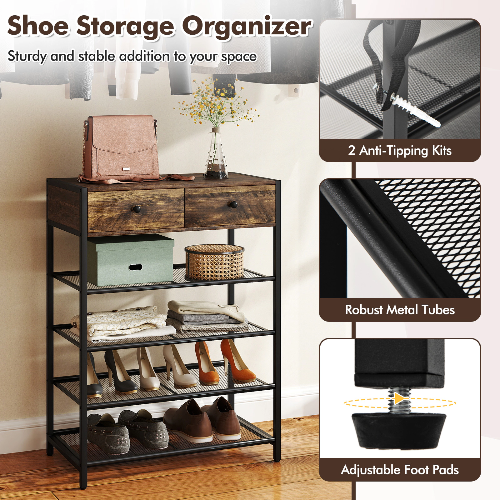SUGIFT Brown Wall Mounted Coat Hanger 5-Tier Coat Rack and Shoe Stand Set Shoe Rack