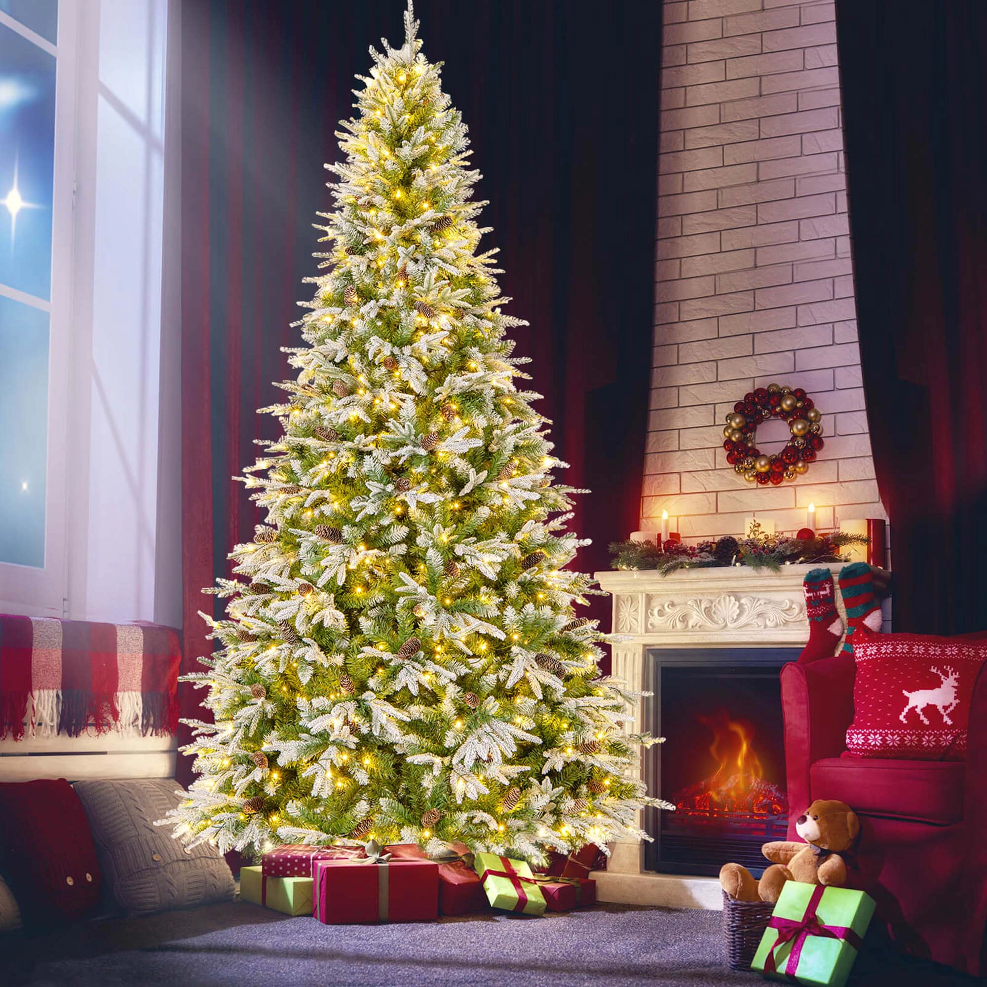 Costway 6/7.5/9 FT Artificial Christmas Tree Hinged Xmas Tree with 765/1135/1871 Branch Tips 280/470/690 Lights