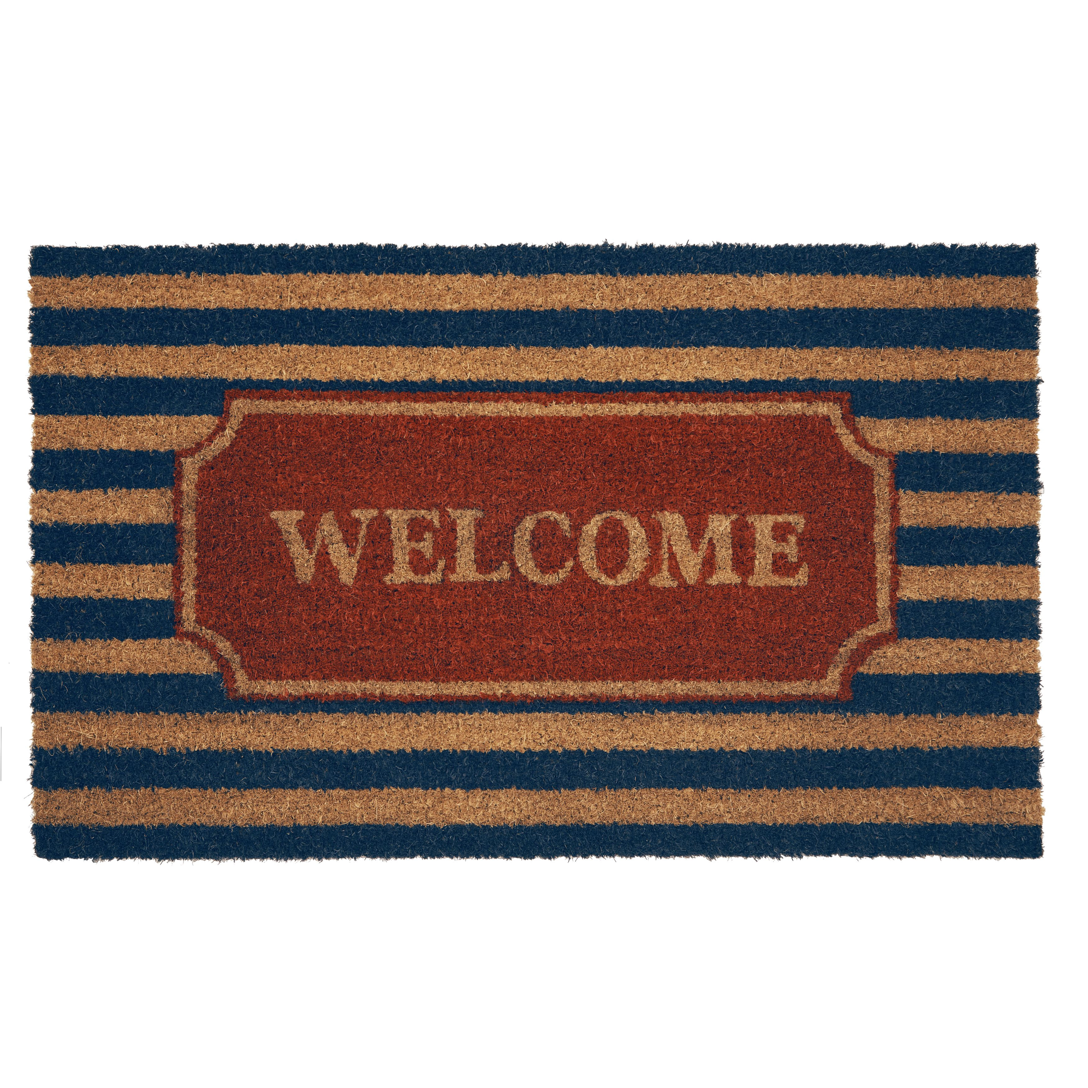 Kate Aurora Nantucket Coastal Striped Navy Colored Welcome Coir Bristled Outdoor All Season Welcome Mat - 18"x30"