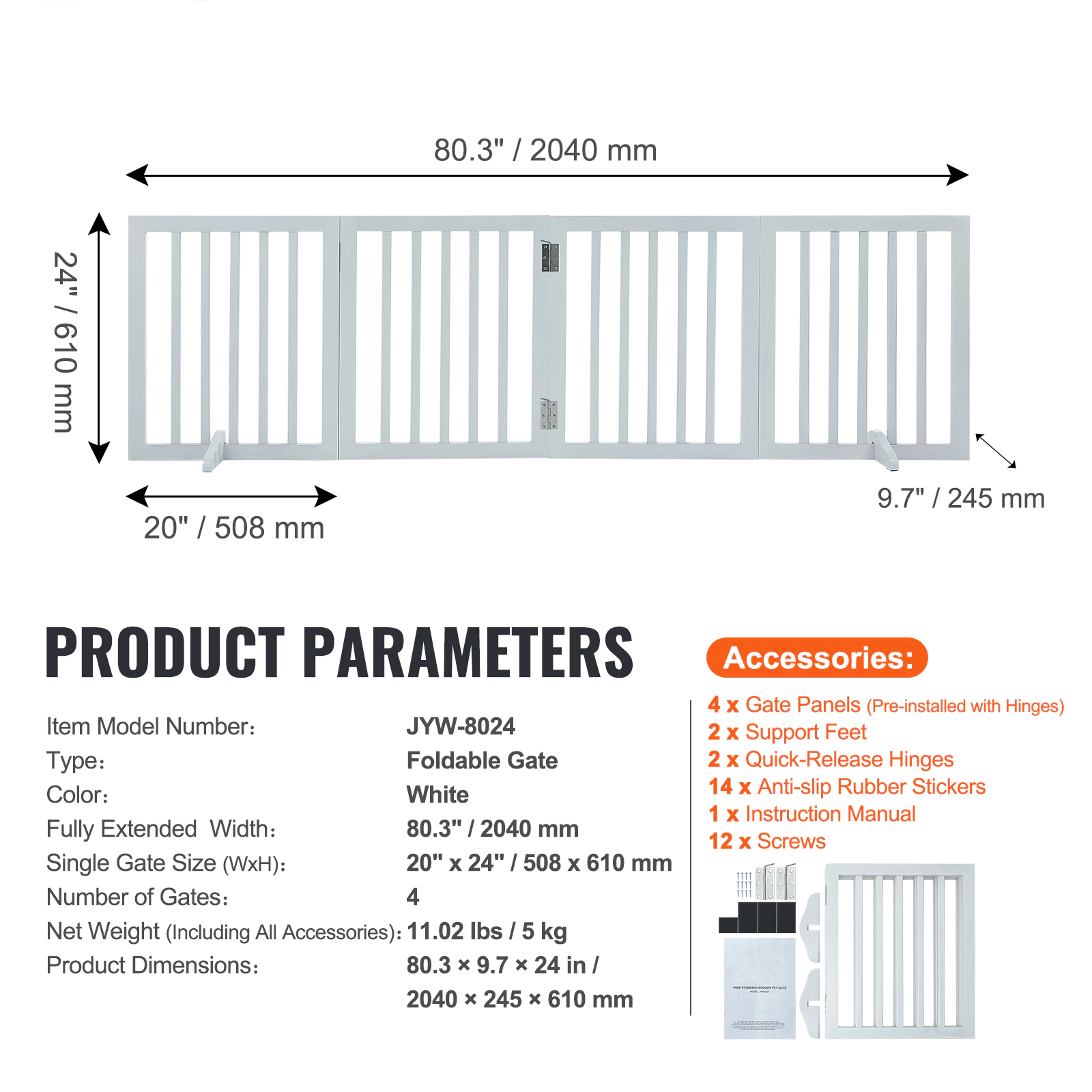 HONGGE 24-Inch Tall Freestanding Folding Dog Gate, Extends to 80.3 Inch Wide, 4-Panel Solid Wood Pet Gate, White