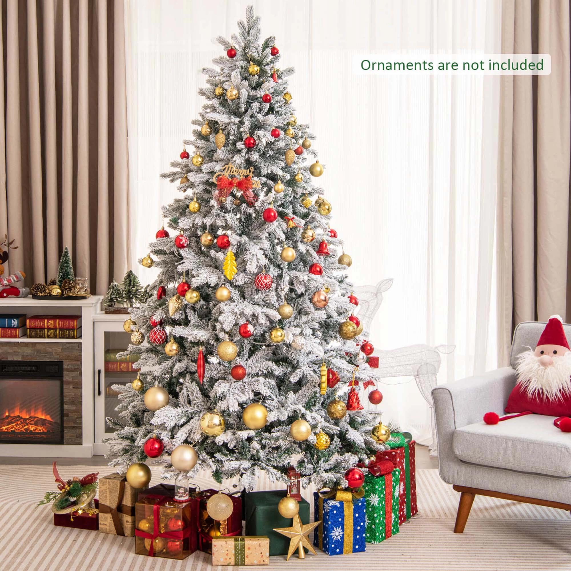 Costway 4.5 FT Pre-Lit Flocked Christmas Tree Hinged w/ 120 LED Lights & 757 Branch Tips