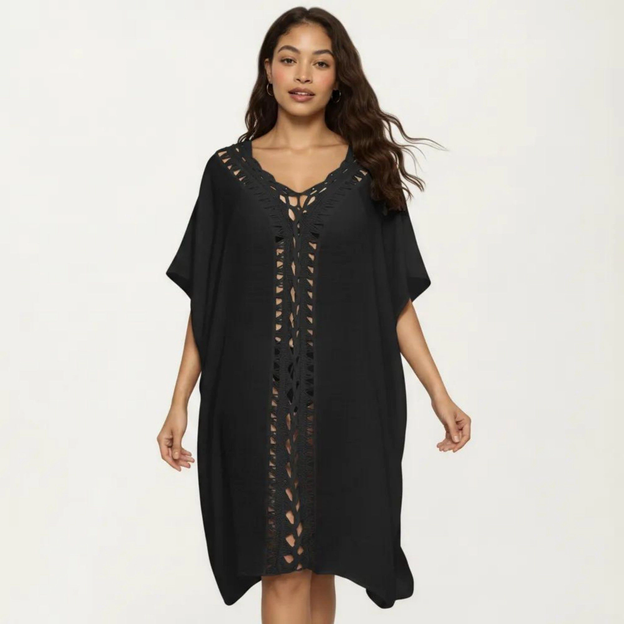 Anna-Kaci Women's Crochet Trim Short Sleeve Lightweight Beach Swim Cover Up Dress