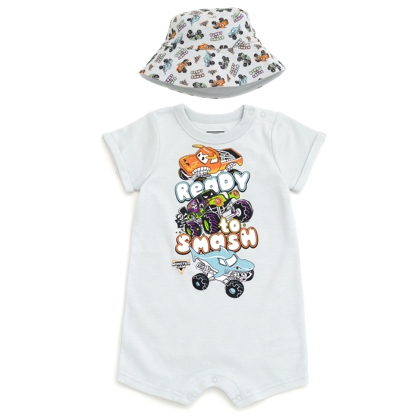 Monster Jam Boys' One Piece Romper and Bucket Hat Set