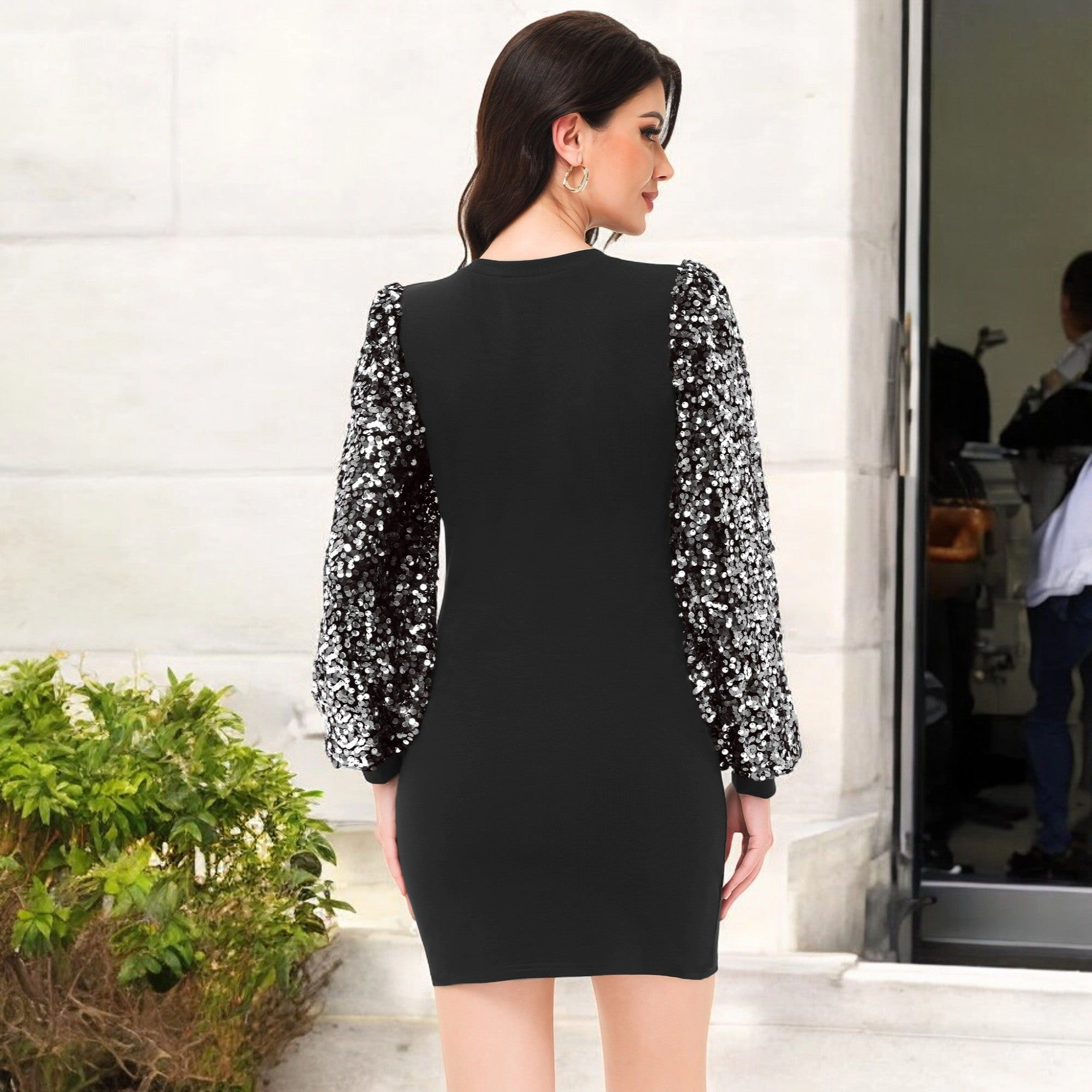 Anna-Kaci Women's Confetti Sequin Bishop Long Sleeve Round Neck Pullover Dress