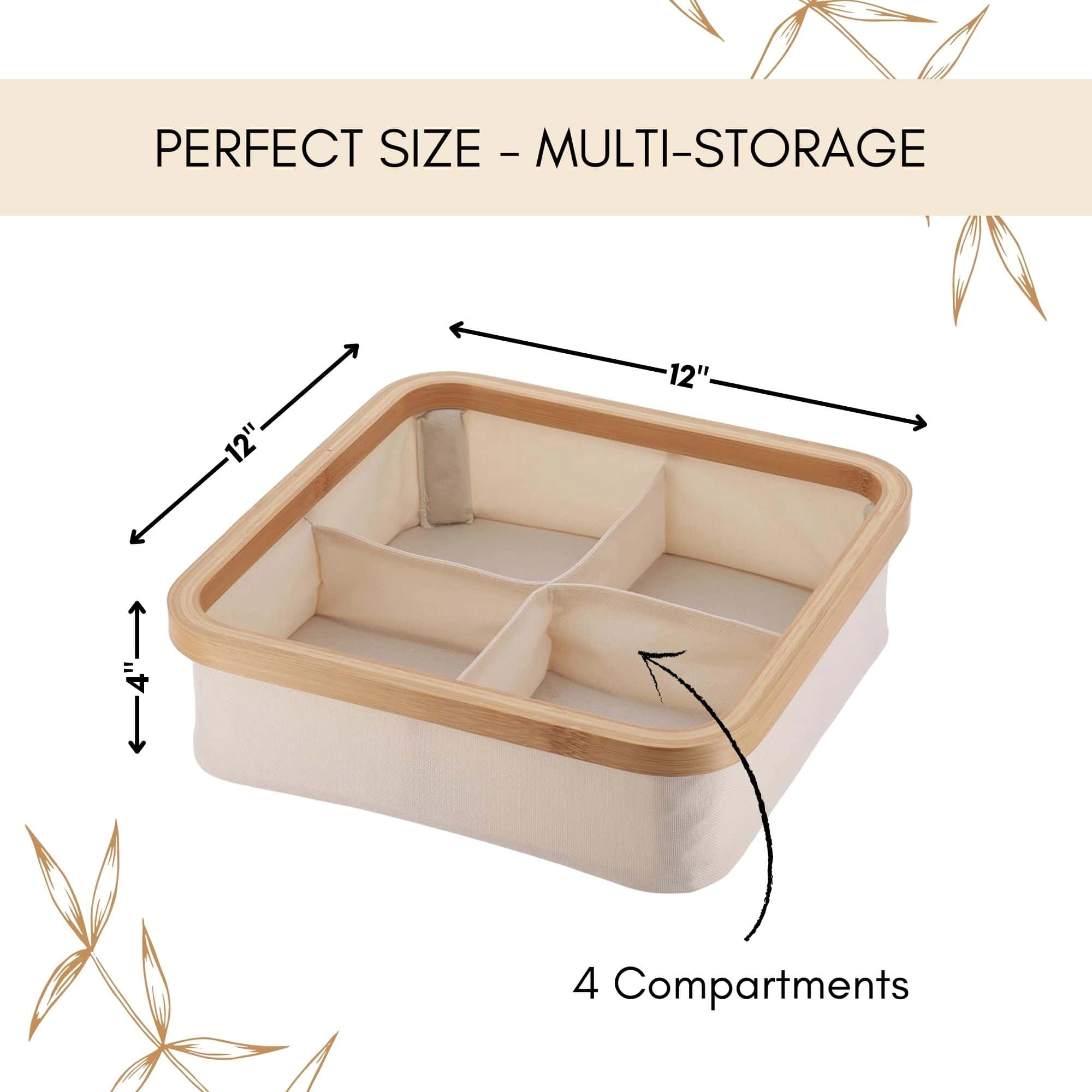 Evideco French Home Goods Collapsible Square Organizer 12 x 12 x 4 in - Bamboo Frame, 4 Compartments