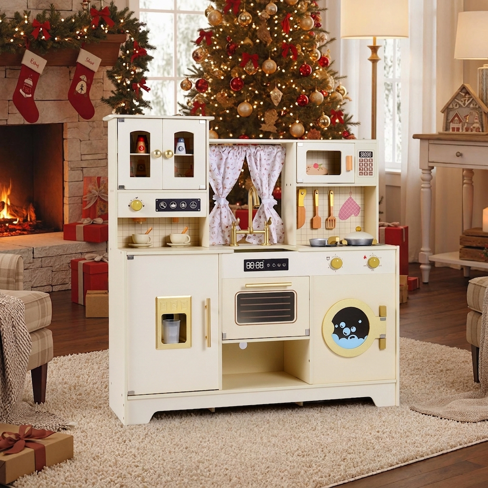 SUGIFT Beige 14 Accessories Ice Maker and Coffee Machine Kids Wooden Toy Kitchen Playset