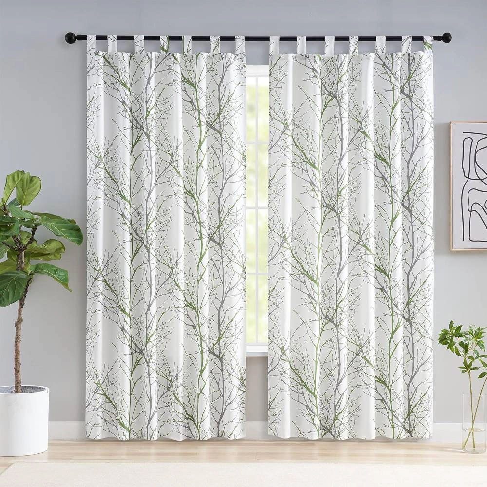 Radiant Essence Gray Green Leaves Sheer Patio Curtains