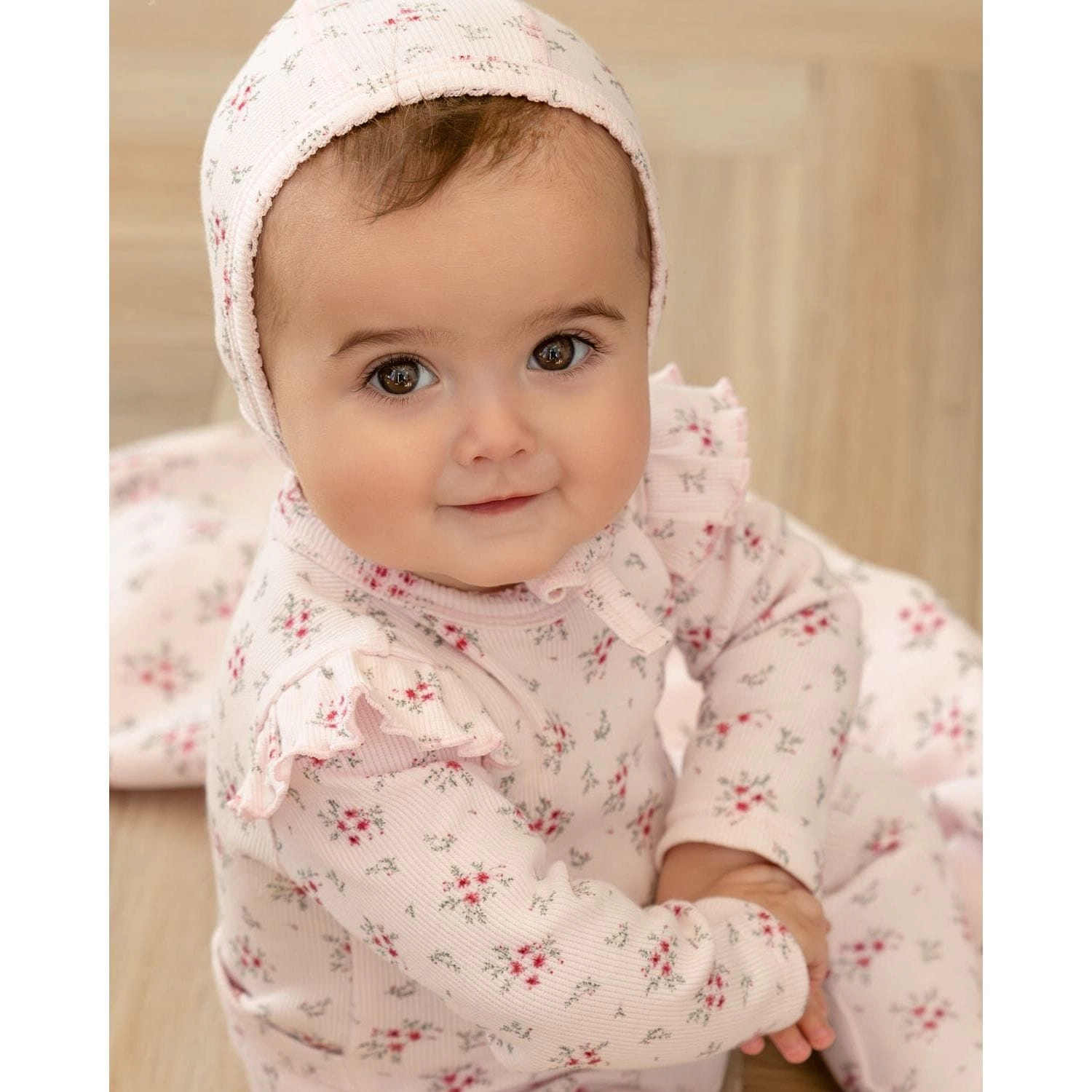 MeMoi 3 Piece Baby Girls Mini-Ribbed Cotton Rich Ruffled-Sleeve Floral Footie Set