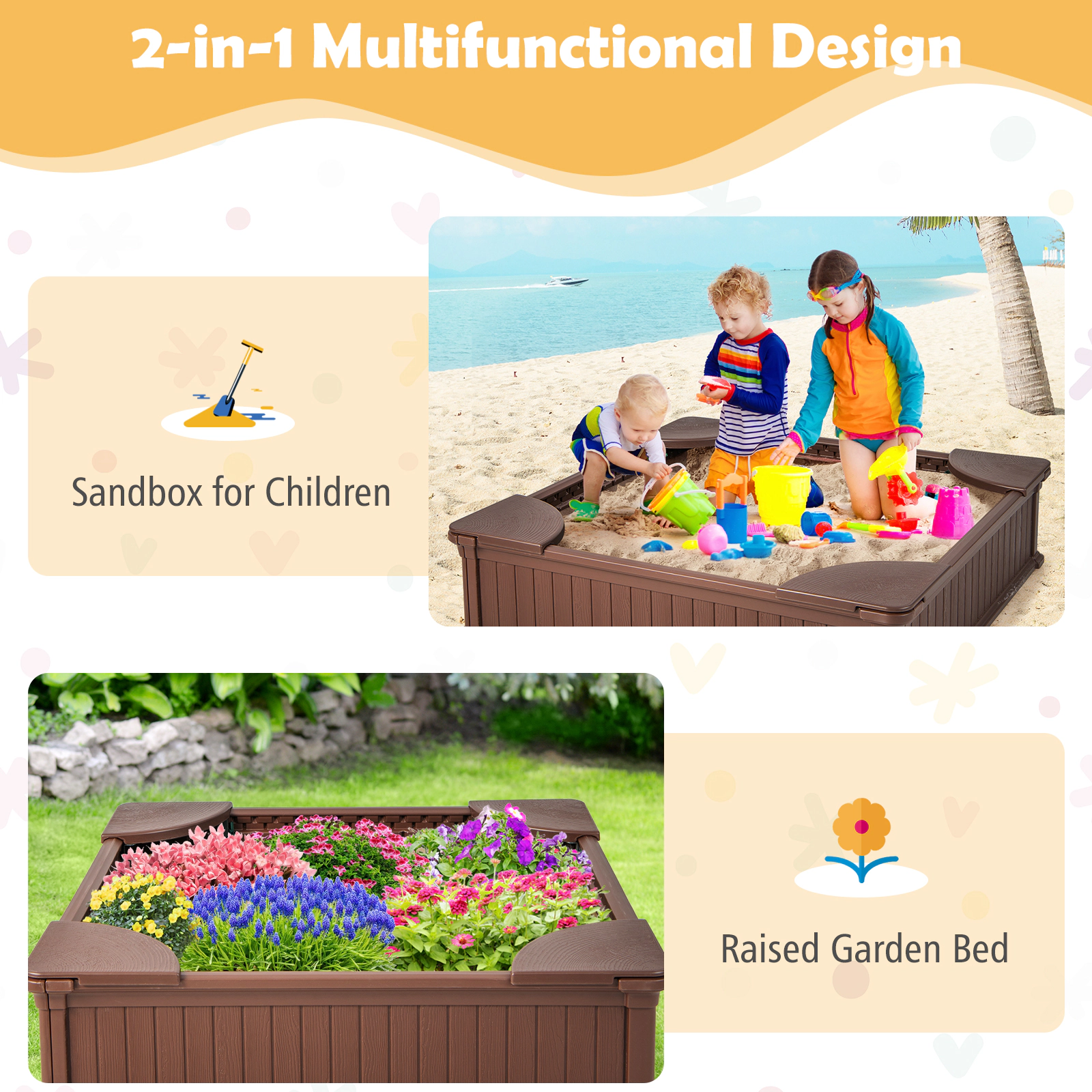 LJG Kids Outdoor Sandbox with Oxford Cover and 4 Corner Seats