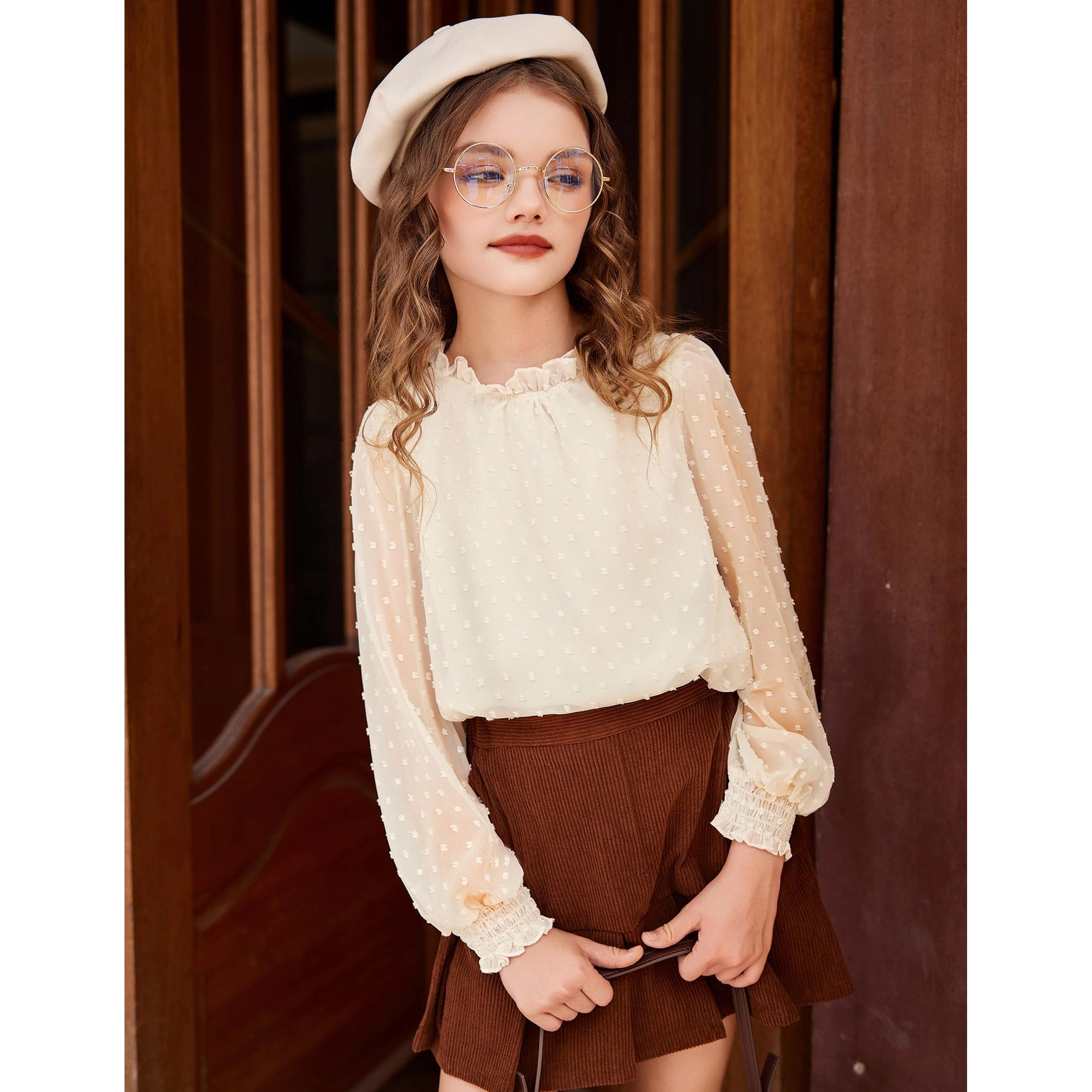 Arshiner Girls Long Sleeve Shirts Chiffon Blouses Swiss Dot Frill Neck Casual Loose Cute Top Tee