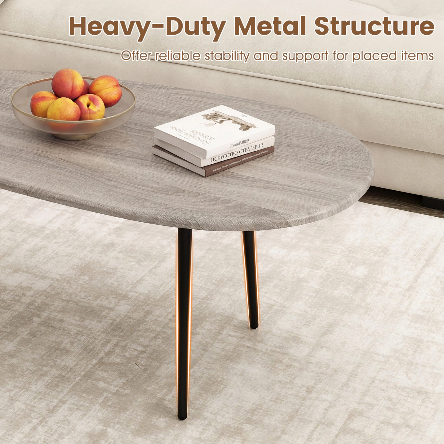 Glintex 42.5-Inch Oval Coffee Table with Metal Legs and Rounded Edges