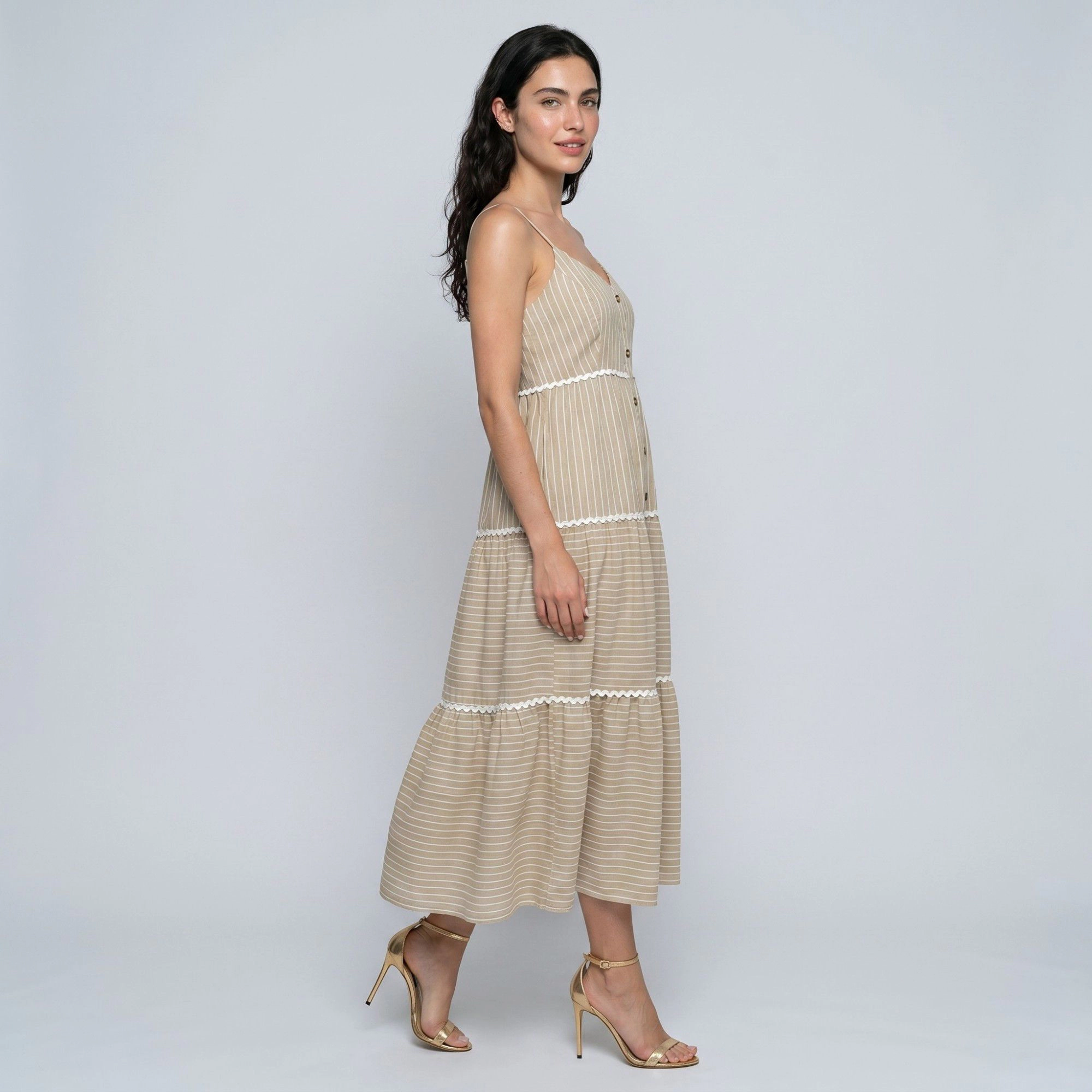 Anna-Kaci Women's Striped Spaghetti Strap Button Front Rickrack Trim Tiered Skirt A-Line Midi Dress