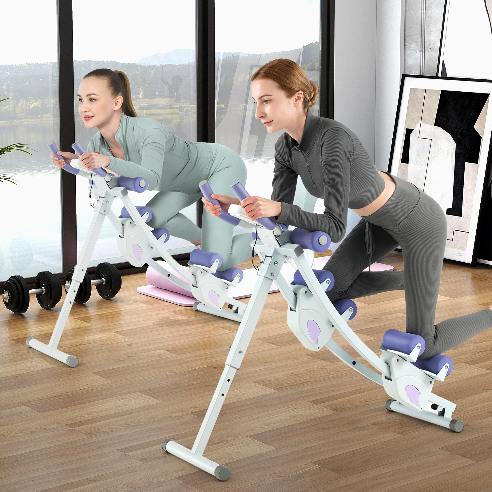 SUGIFT 4-Height Adjustable Folding Ab Machine with LCD Monitor and 145-Degree Curved Sliding Track Purple