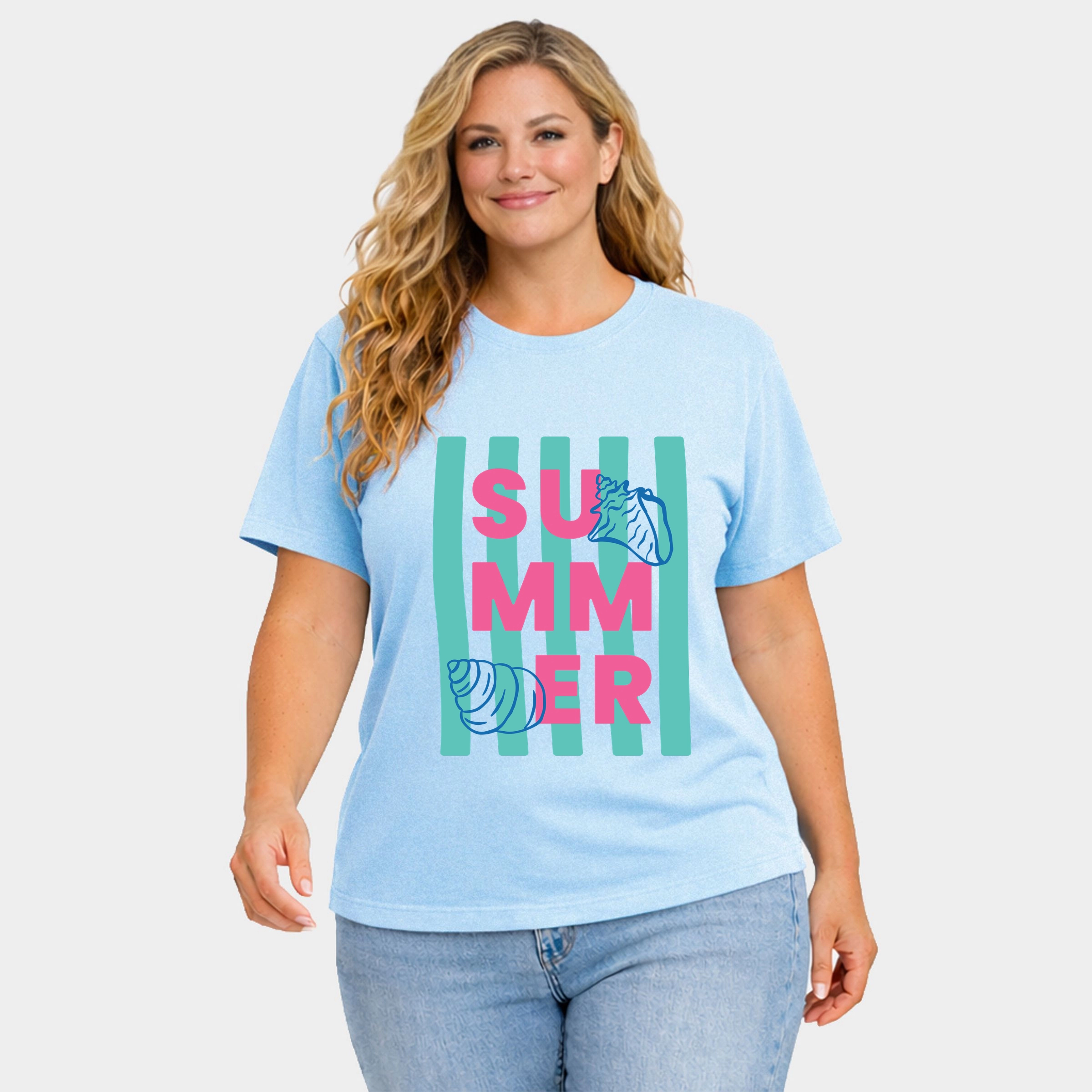 Simply Sage Market - Summer Stripes Seashells Women's Plus Sized Garment Dyed Graphic T-Shirt