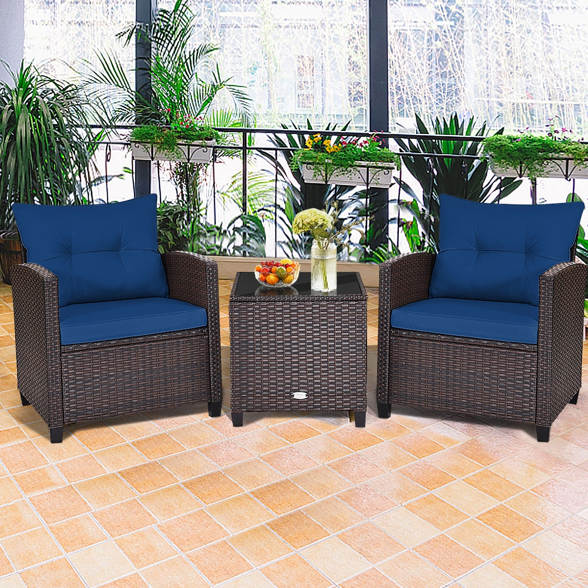 SUGIFT 3-Piece Navy Rattan Patio Conversation Set with Steel Frame, Glass Table and 4 Cushions