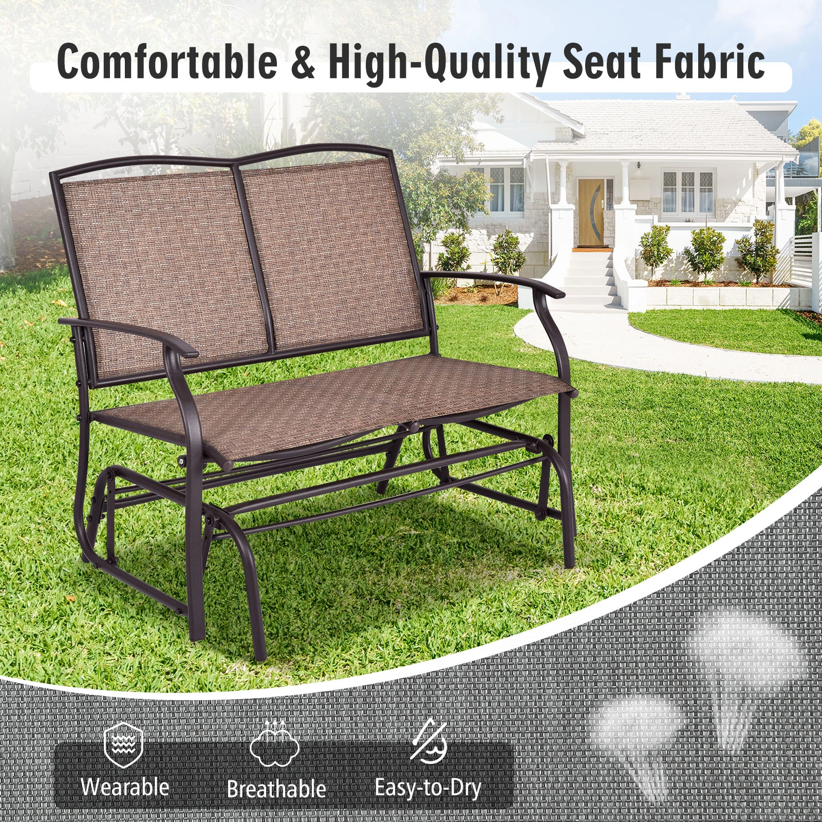 SUGIFT Steel Patio Rocking Loveseat with Textilene Seat 396-lb Capacity Black/Brown/Gray