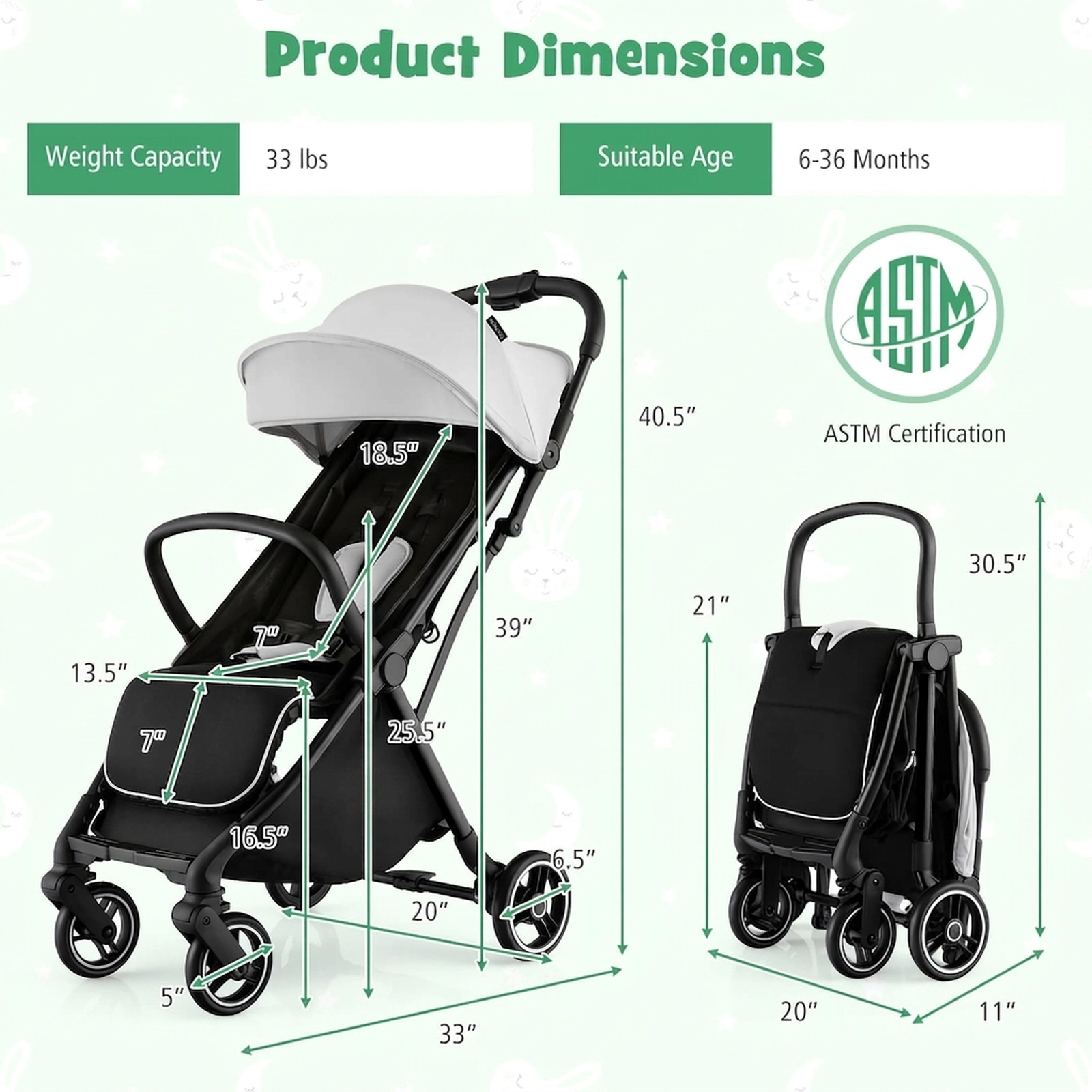 SUGIFT One-Hand Folding Lightweight Baby Stroller with Aluminum Frame 33-lb Seat Capacity Ages 6-36 Months Gray