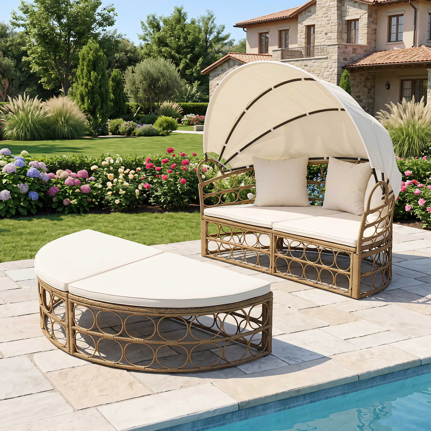 LJG Outdoor Patio Daybed with Retractable Canopy and Cushions Yellow Wicker Rattan Furniture Set