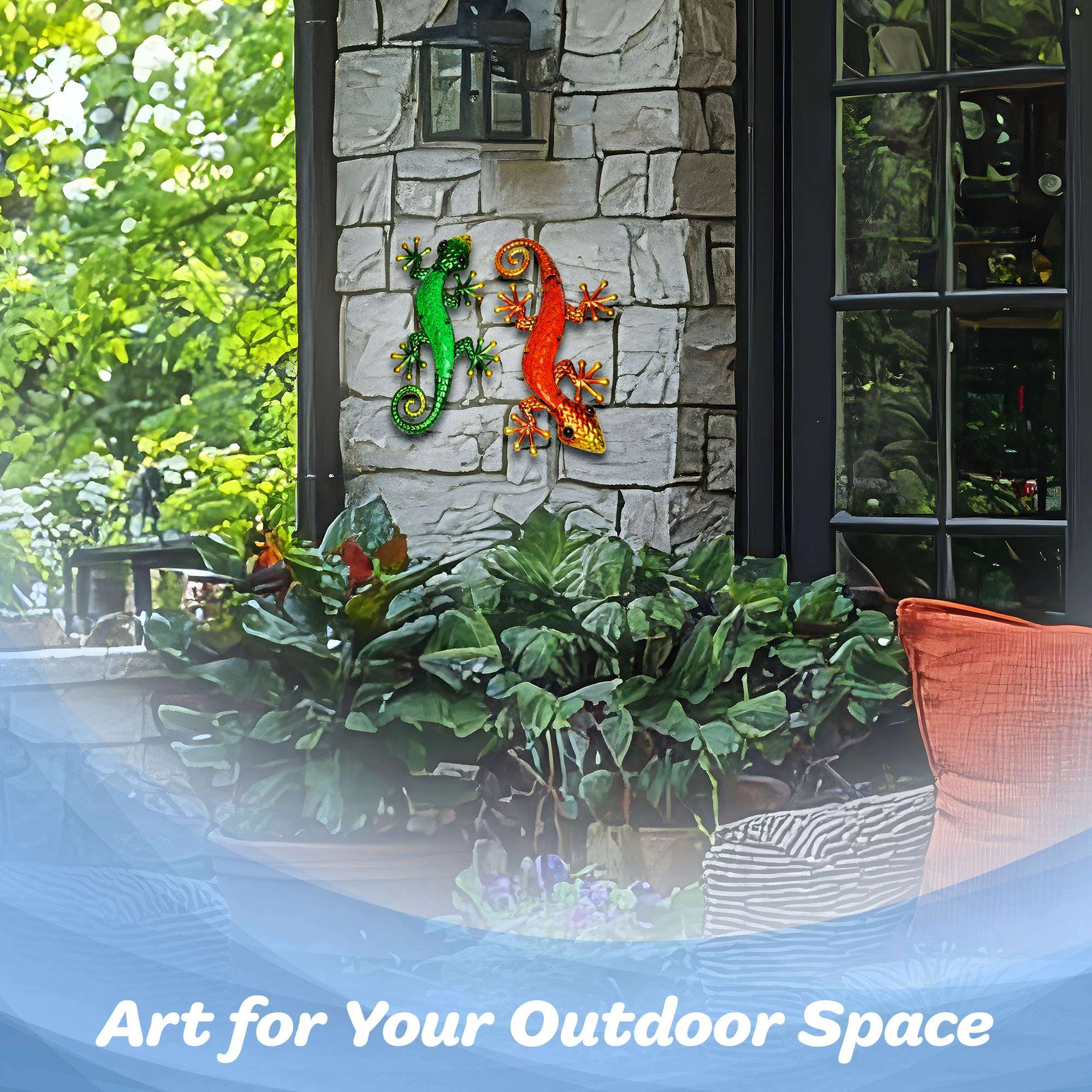 G128 Metal Gecko Wall Art Set of 2 Green & Orange Lizard Sculptures