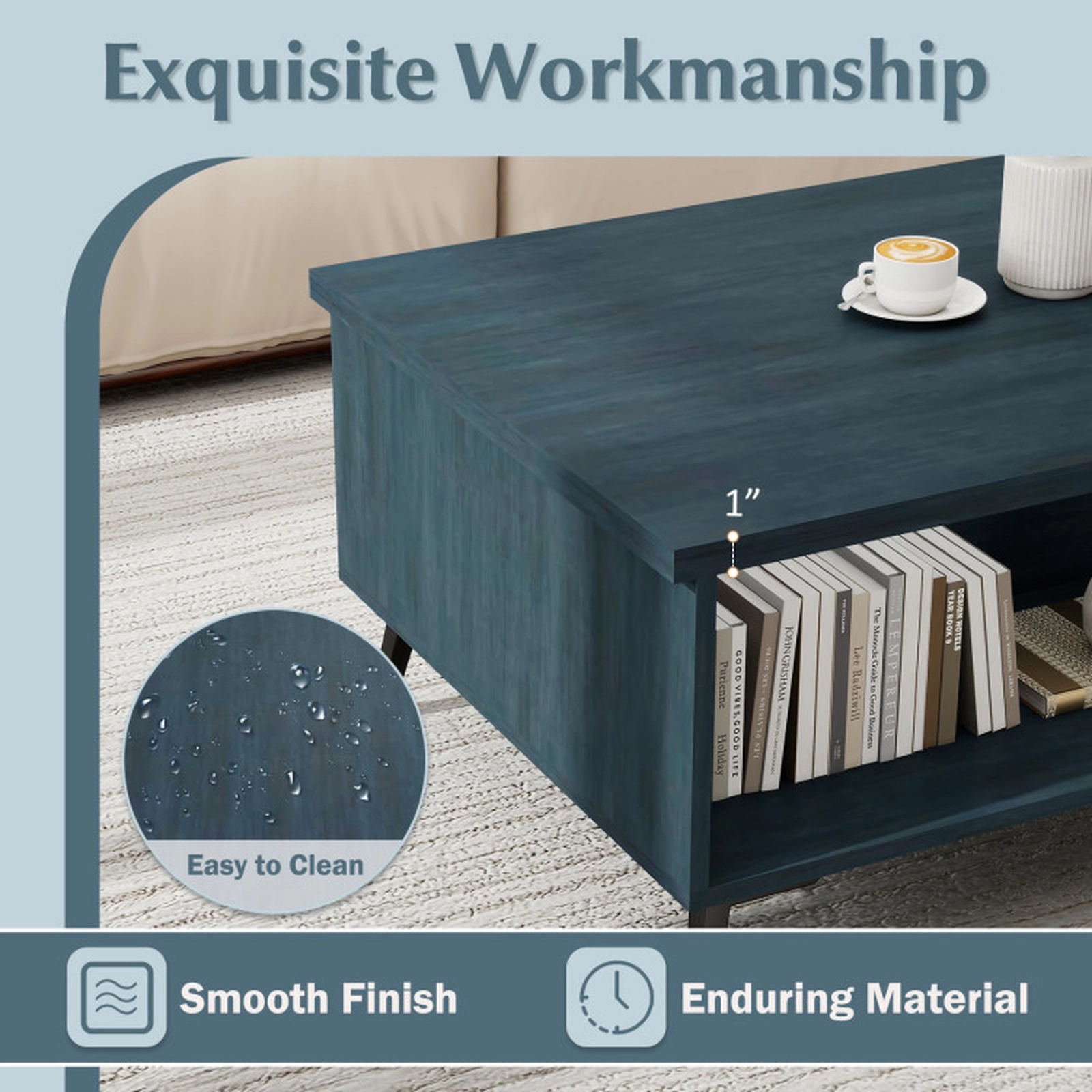 SUGIFT 2-Tier Mid Century Modern Coffee Table with Storage Shelves and Compartments 176-lb Tabletop Capacity Walnut/Blue