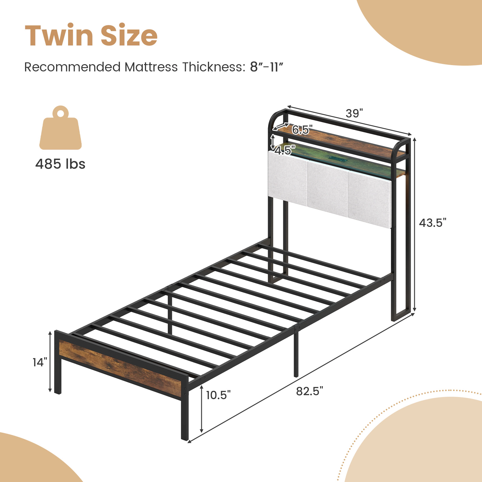 SUGIFT Twin Size 485-lb Bed Capacity LED Bed Frame with Charging Station and 2-Tier Storage Headboard Rustic Brown