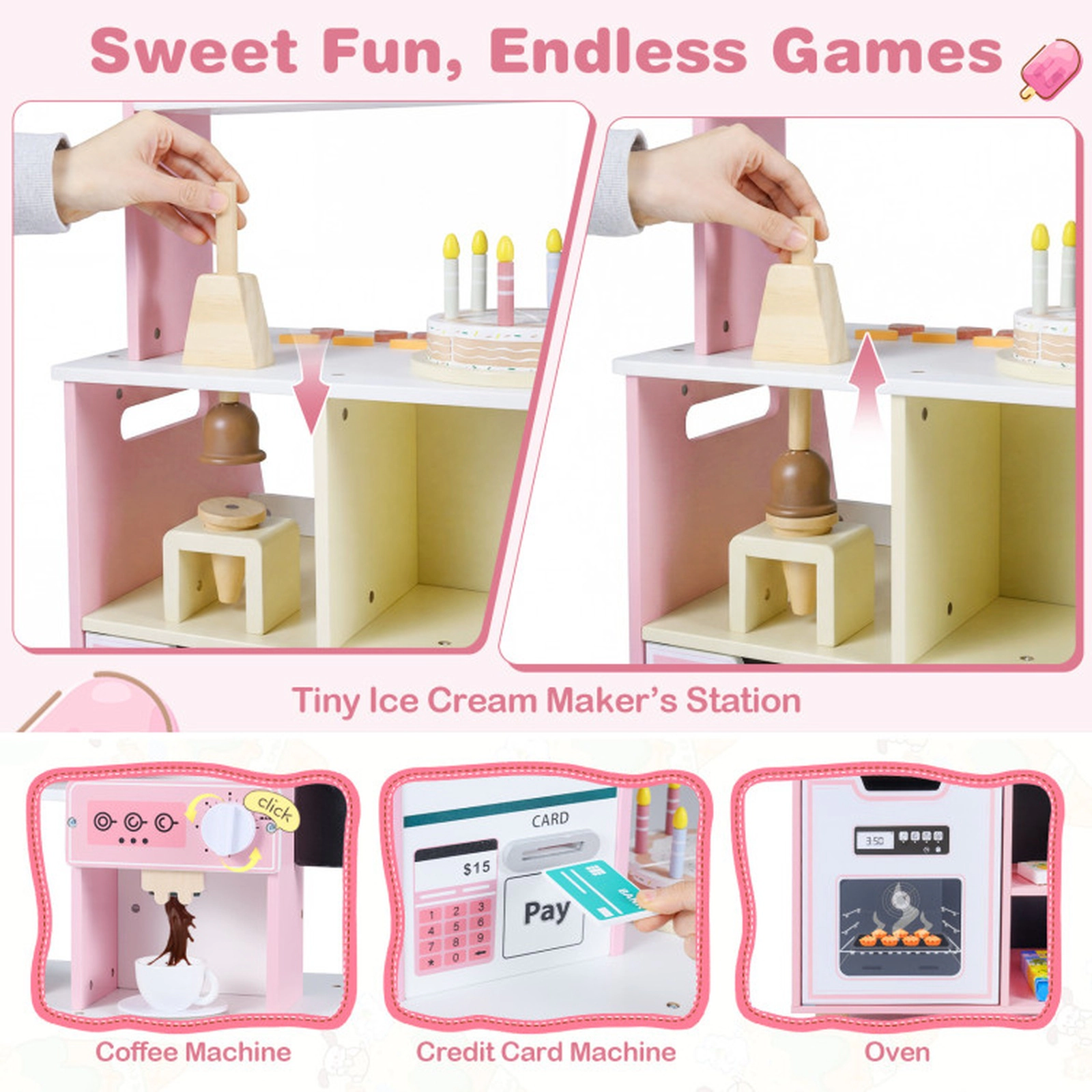 SUGIFT Wooden Kids Ice Cream Shop Playset with 27 Accessories and Ice Cream Machine 24.5-in Wide Ages 3+ Blue/Pink