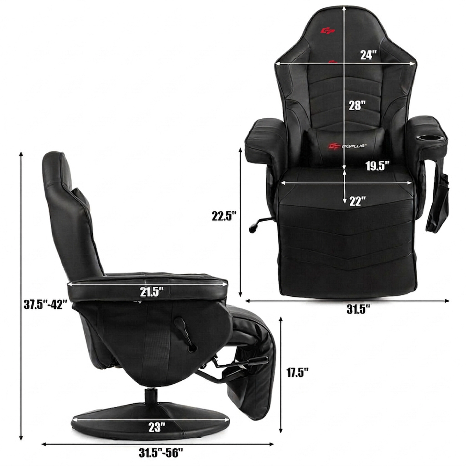 SUGIFT Black Massage Gaming Recliner Chair, 8 Modes, Footrest, Cup Holder
