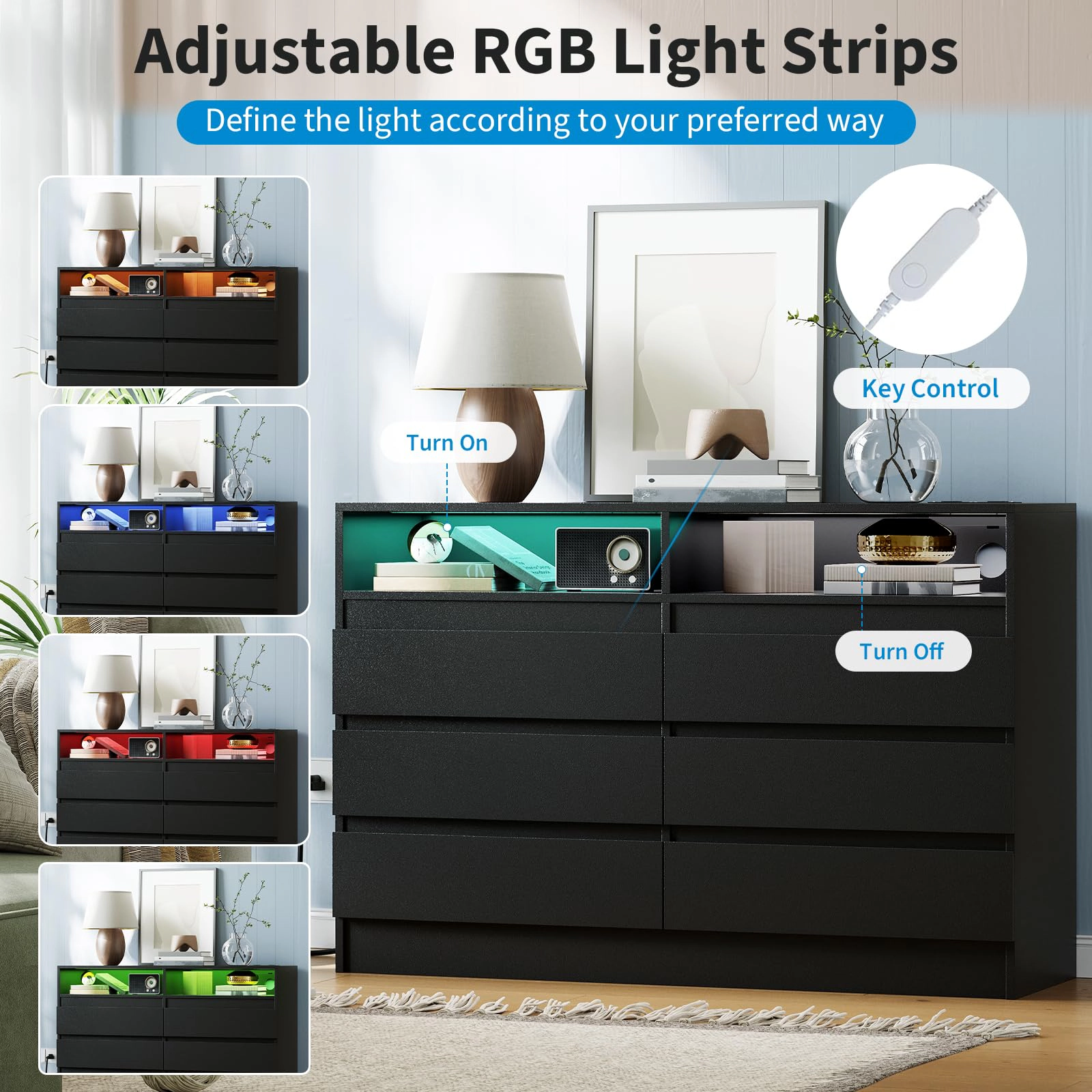 6 Drawer Dresser with Charging Station & LED Lights, Modern Chest Power Outlets for Bedroom
