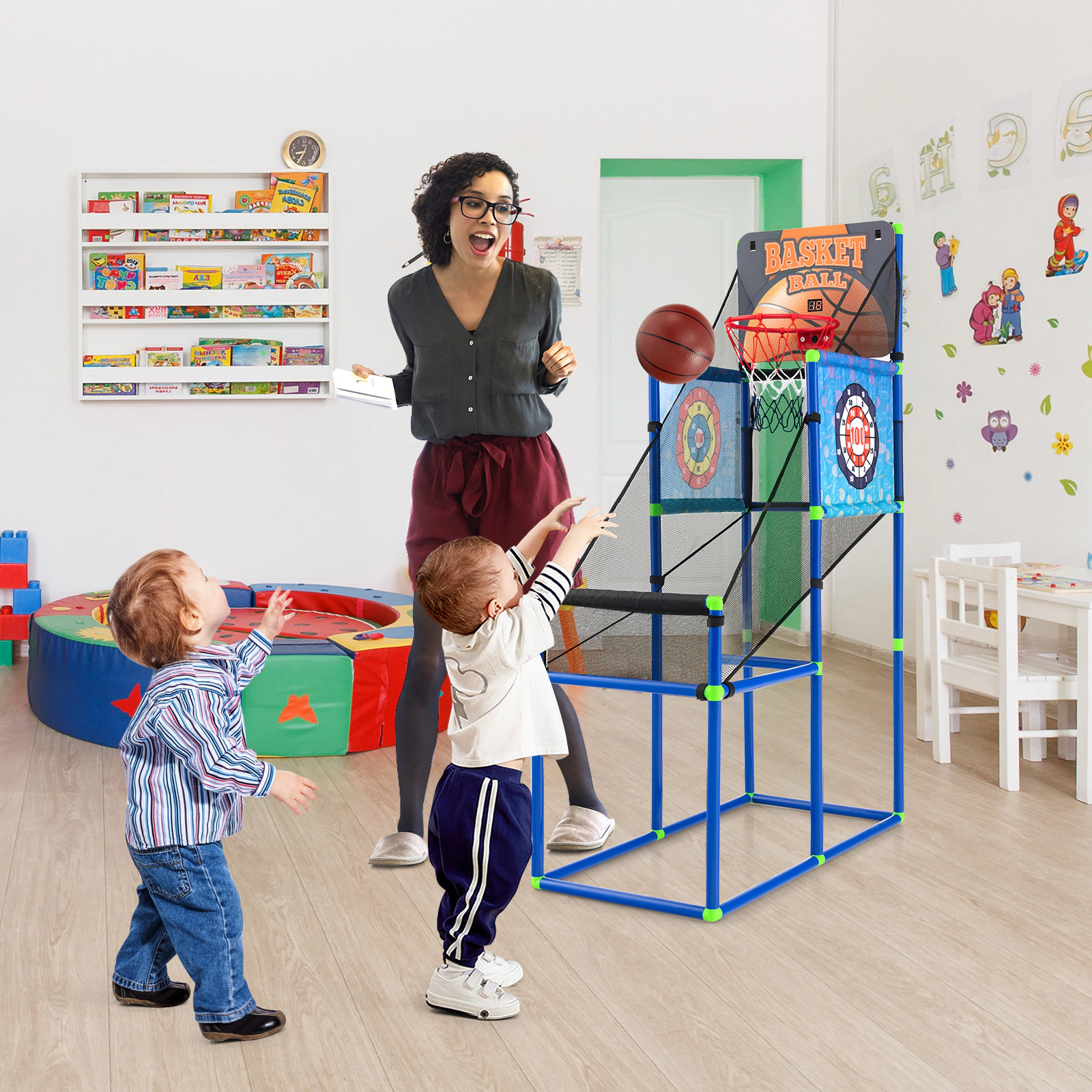 SUGIFT Kids 2-in-1 Basketball Arcade Game Cloth Targets Electronic Scoreboard 2 Basketballs 53-in Tall Ages 3+ Blue
