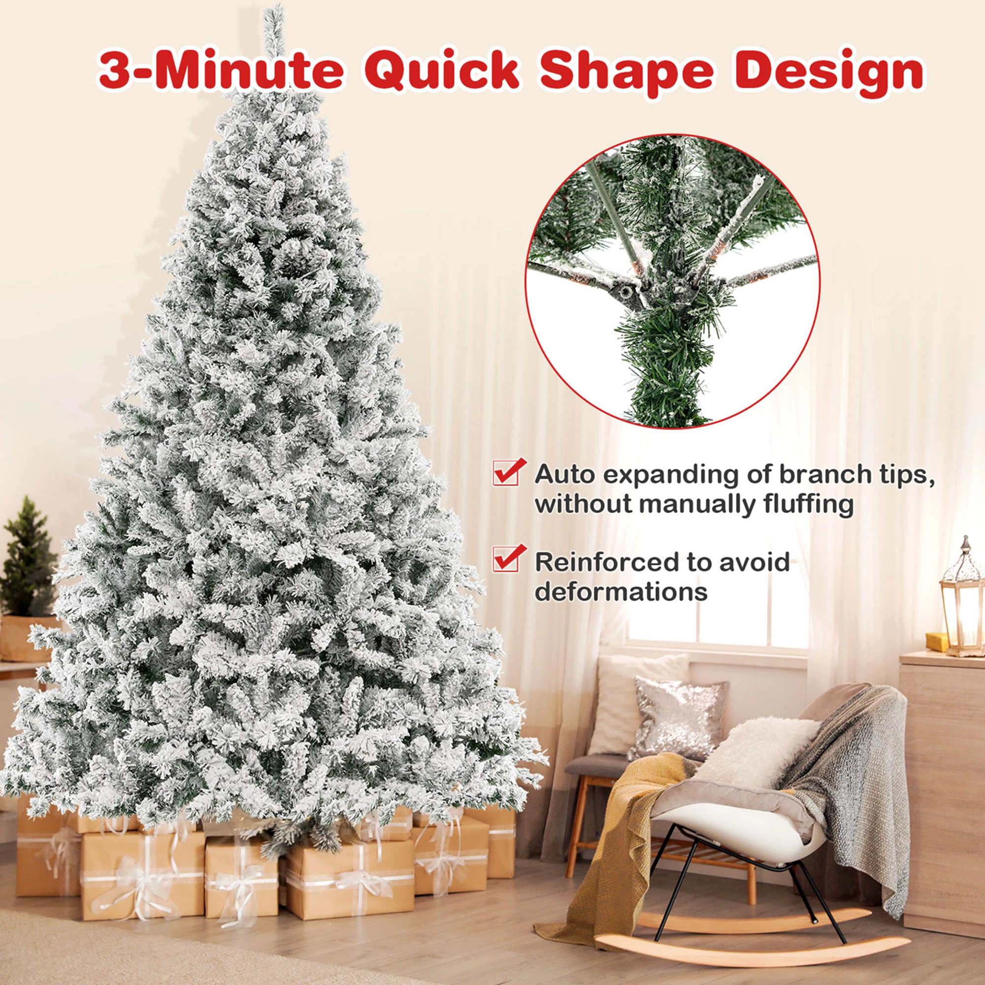 Costway 7 FT Pre-Lit Christmas Tree 3-Minute Quick Shape Flocked Decor with 450 LED Lights